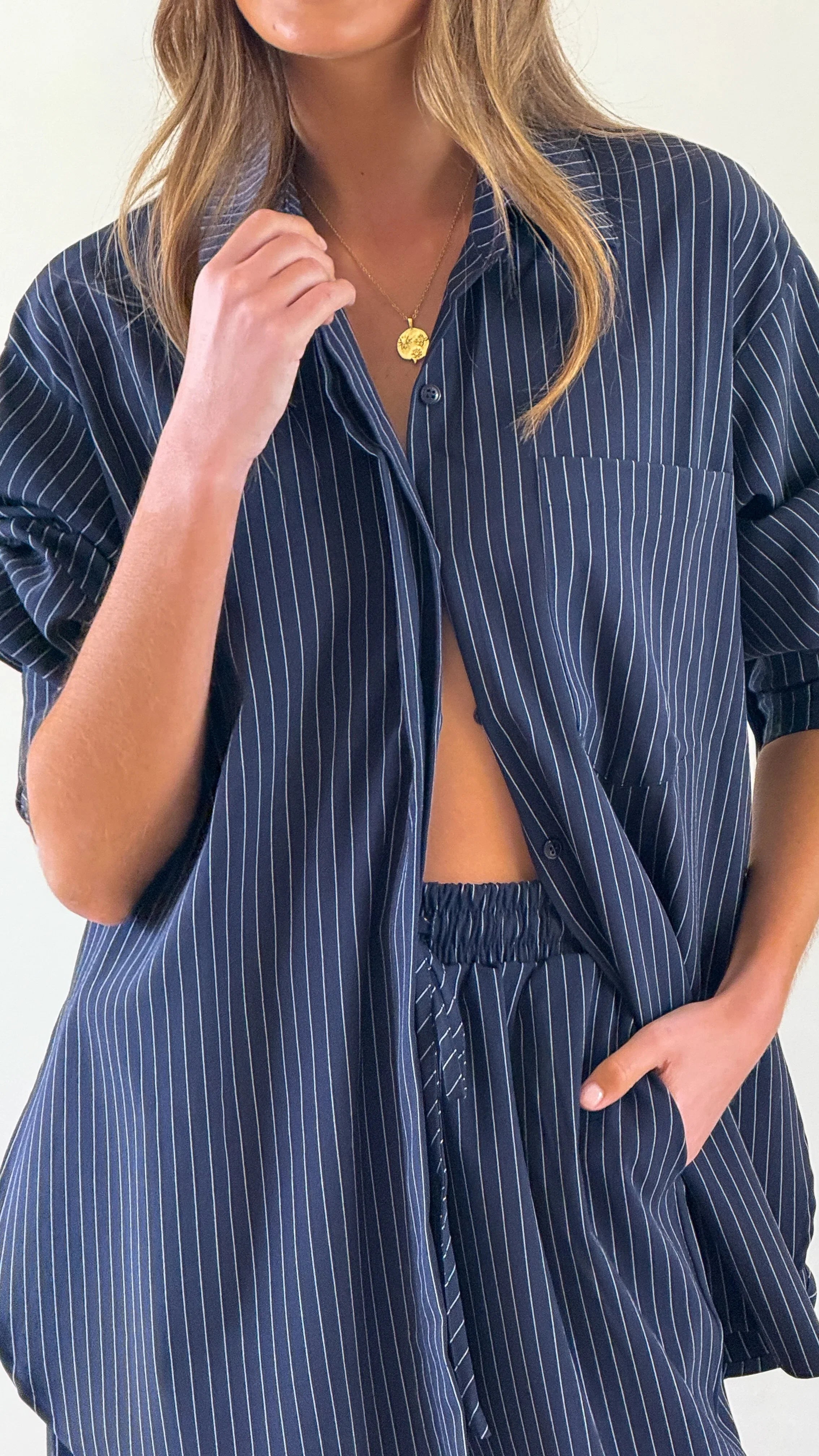 Zaila Long Sleeve Shirt Navy White Stripe