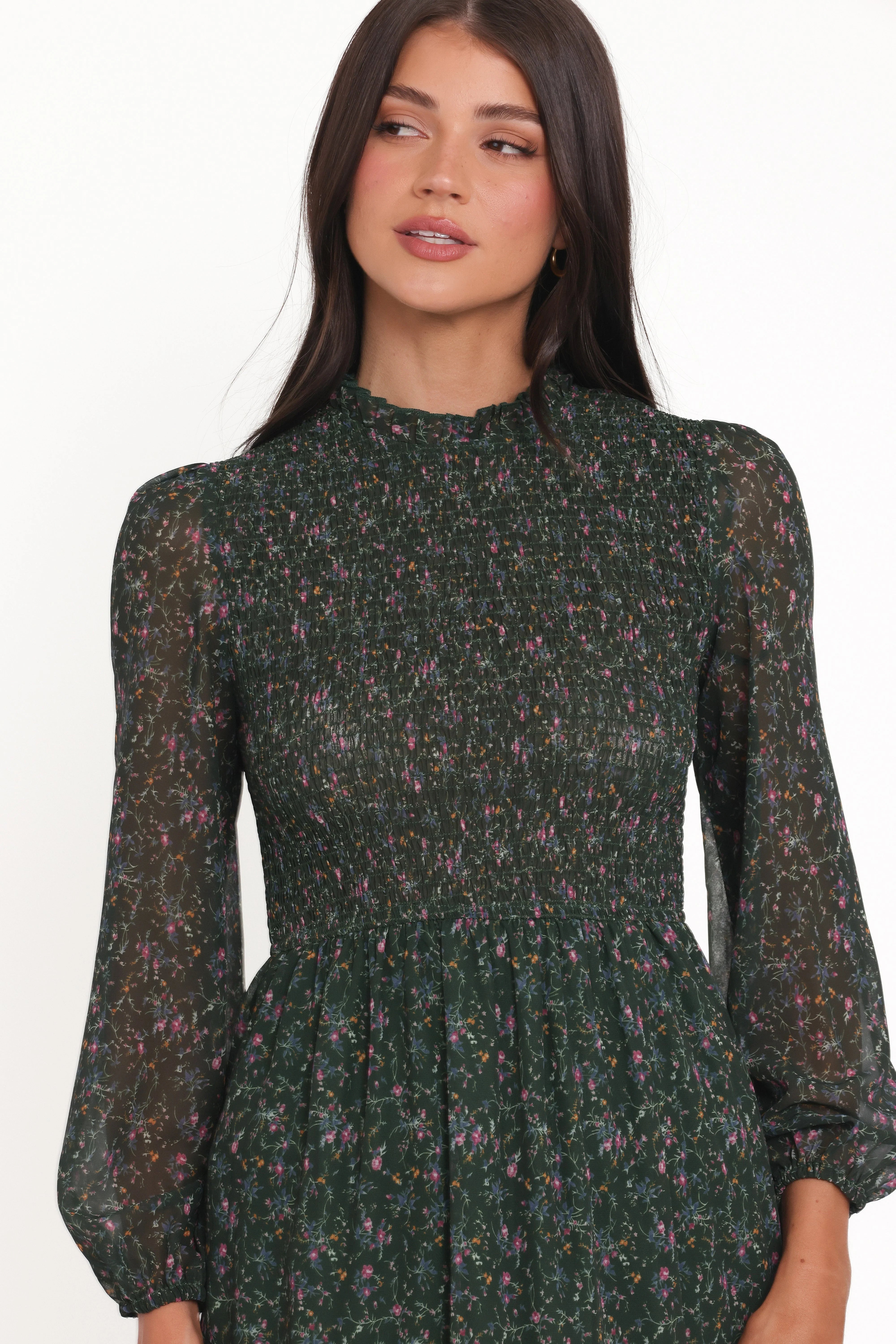 Edwina Shirred Frill Long Sleeve Midi Dress Olive Floral