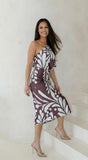 Rhodes One Shoulder Satin Midi Dress Brown Blue
