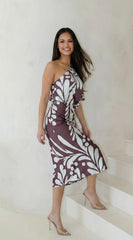 Rhodes One Shoulder Satin Midi Dress Brown Blue