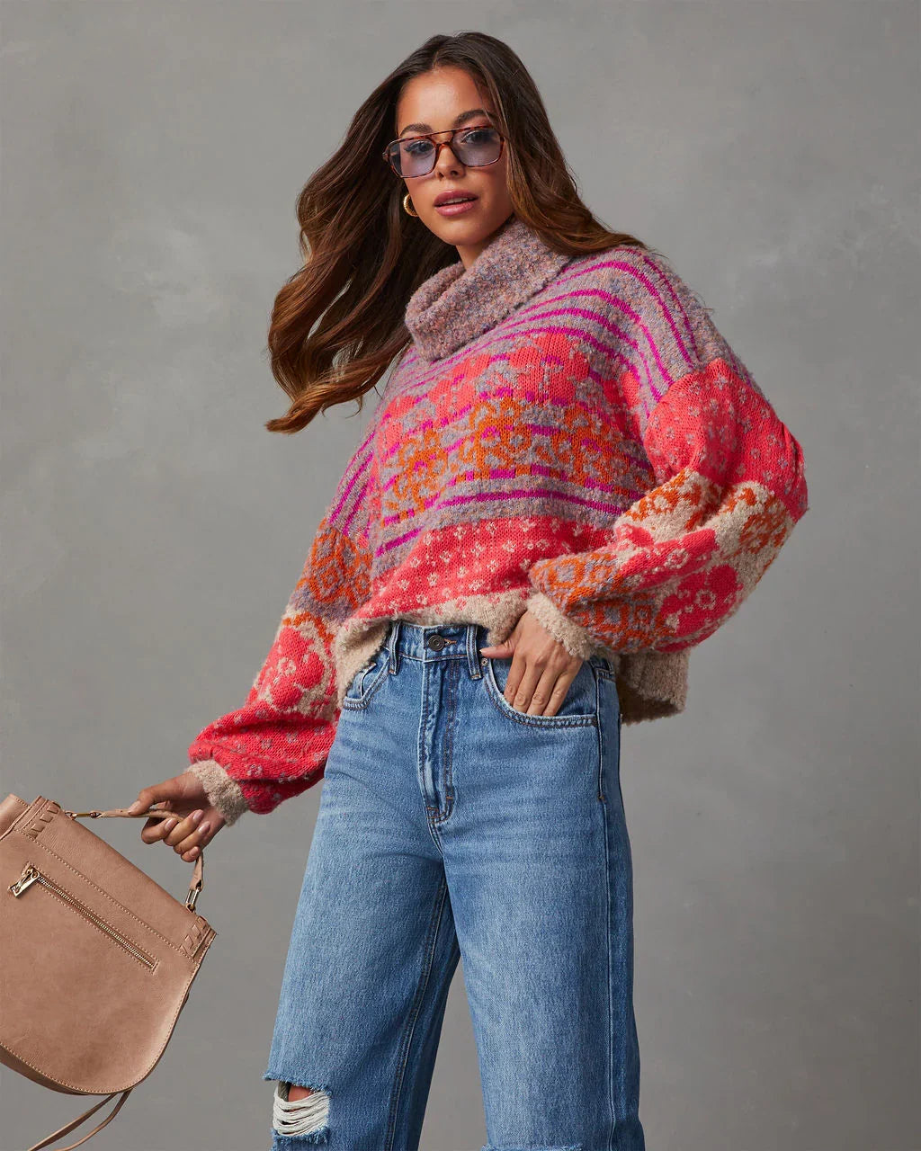 Monet Knit Printed Turtleneck Pullover Sweater