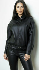 Rhéa Shearling Collar PU Leather Jacket Black