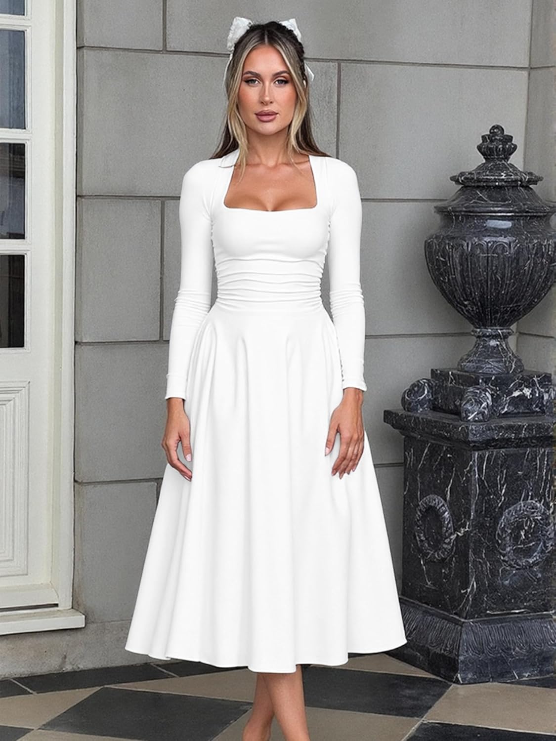 Long Sleeve Square Neck Corset A Line Maxi Dress Ruffle Flowy Formal Long Dresses