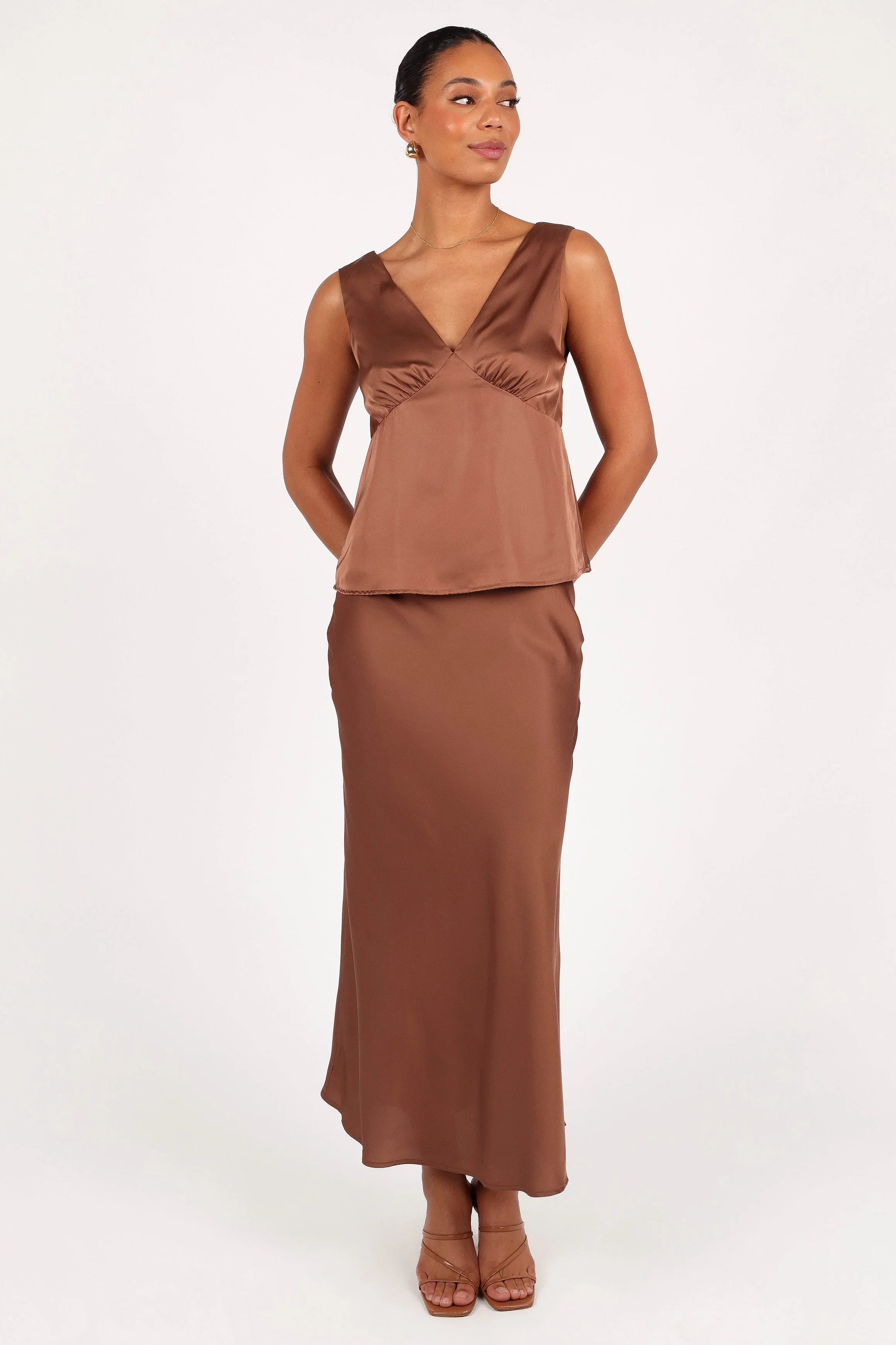 Nellie Satin Midi Skirt Banksia Brown
