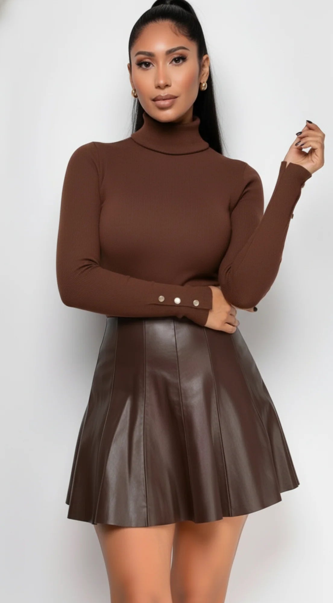 Gigi High Neck Long Sleeve Top Brown
