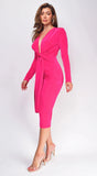 Alicyn Fuchsia Pink Waist Tie Long Sleeve Midi Dress
