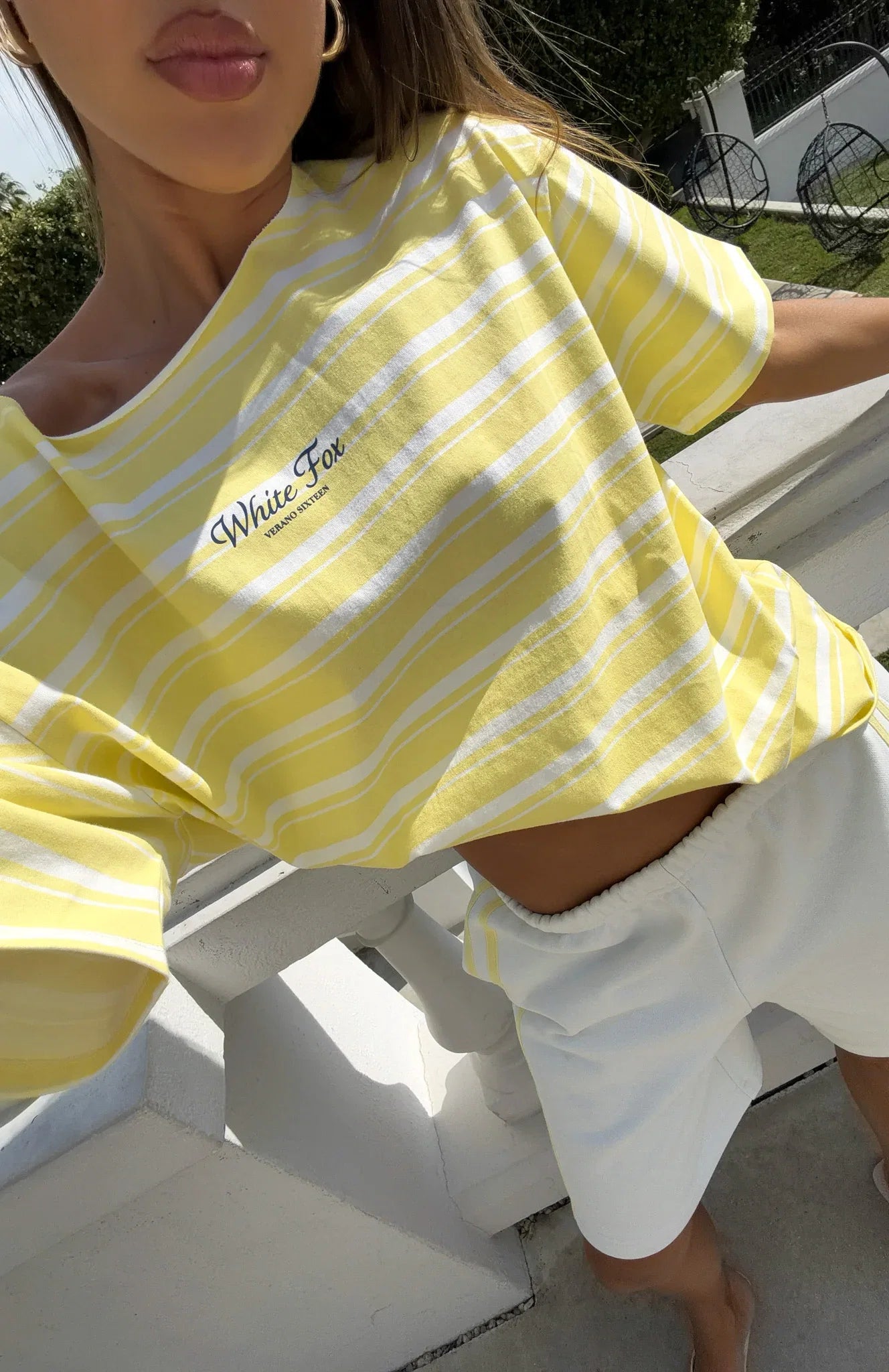 Verano Sixteen Magnolia Off Shoulder Oversized Tee Lemon White Stripe