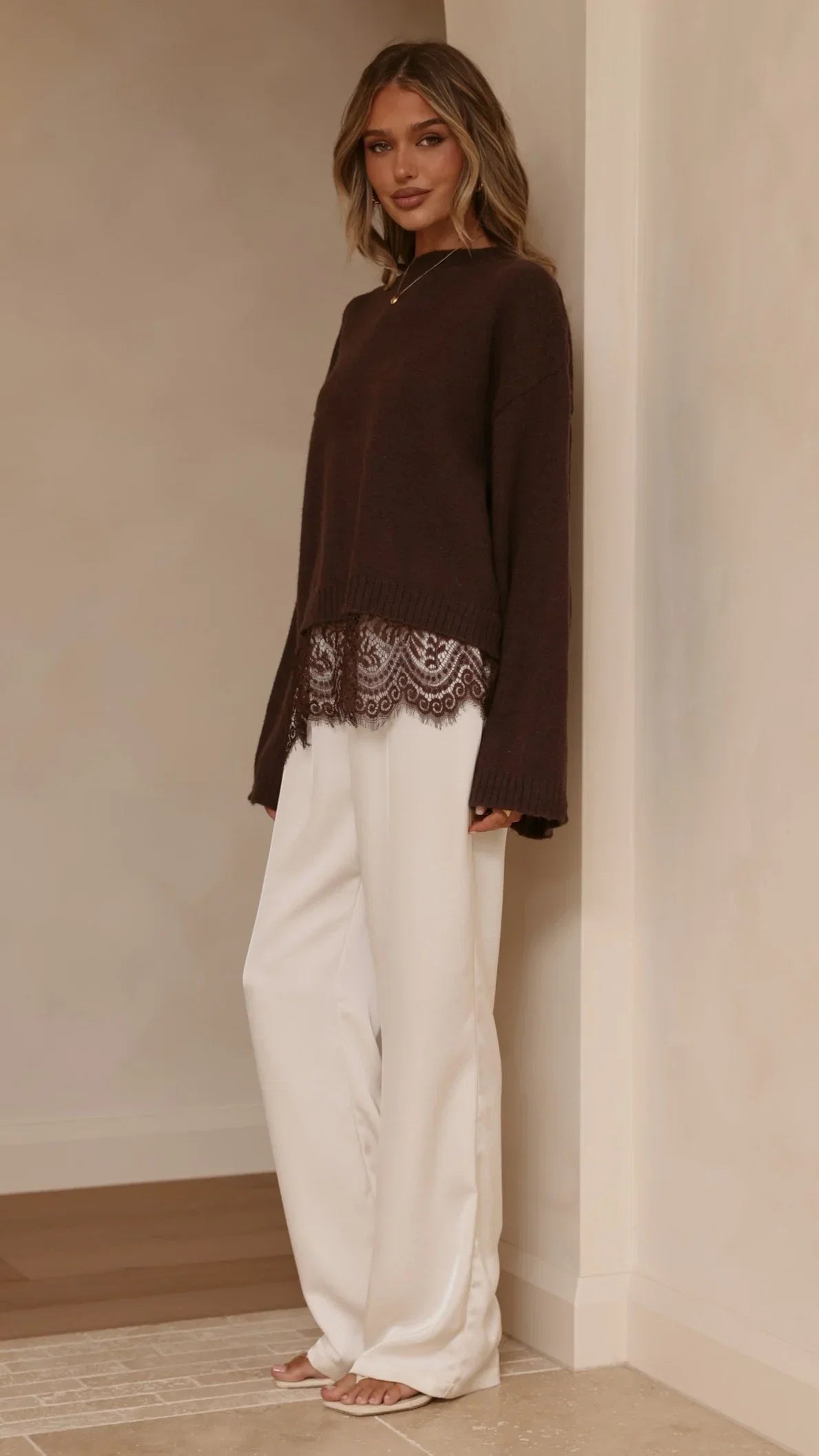 Kylan Lace Trim Sweater Brown