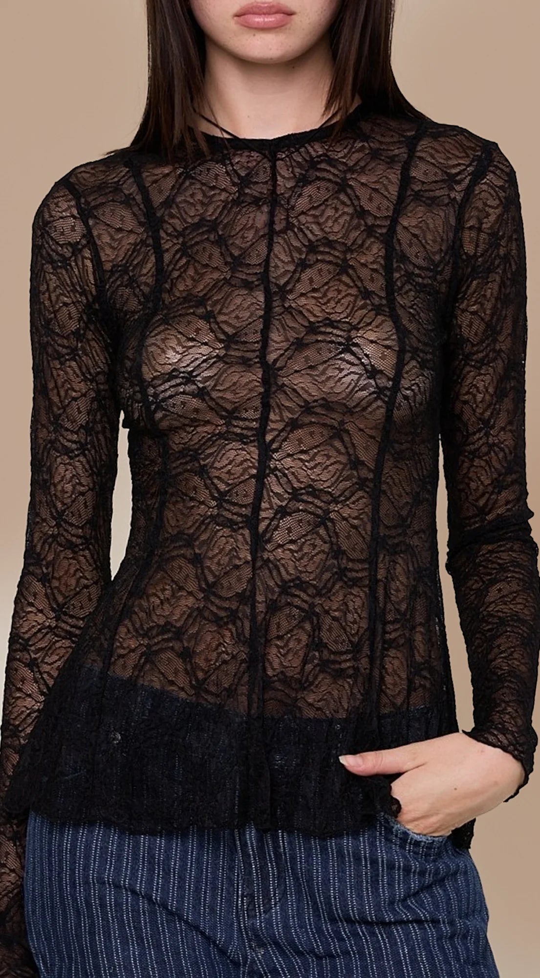 Sheer Lace Print Blouse Black