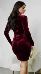 Aless V Neck Front Twist Velvet Mini Dress Burgundy