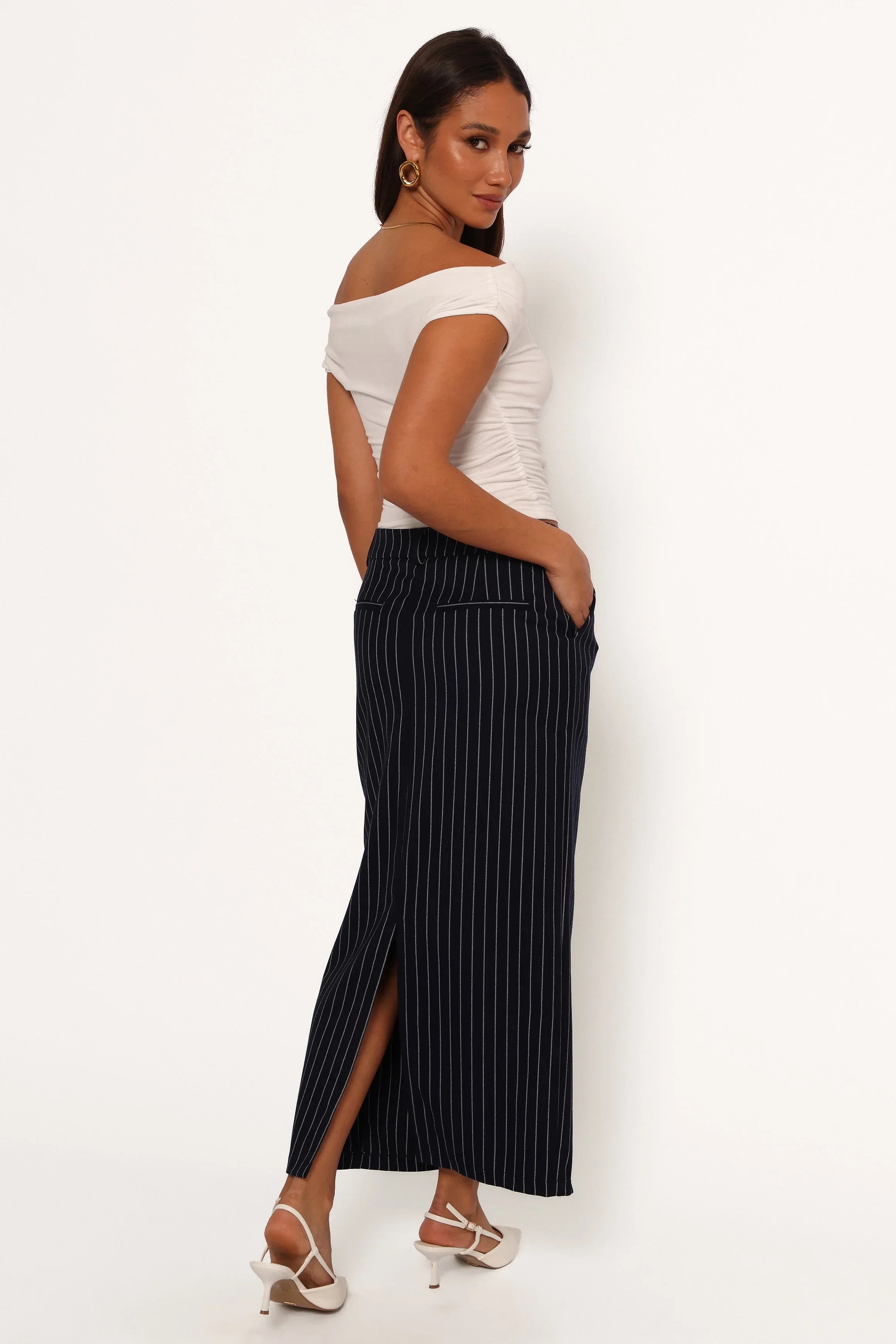 Ellory Midi Skirt Navy Pinstripe