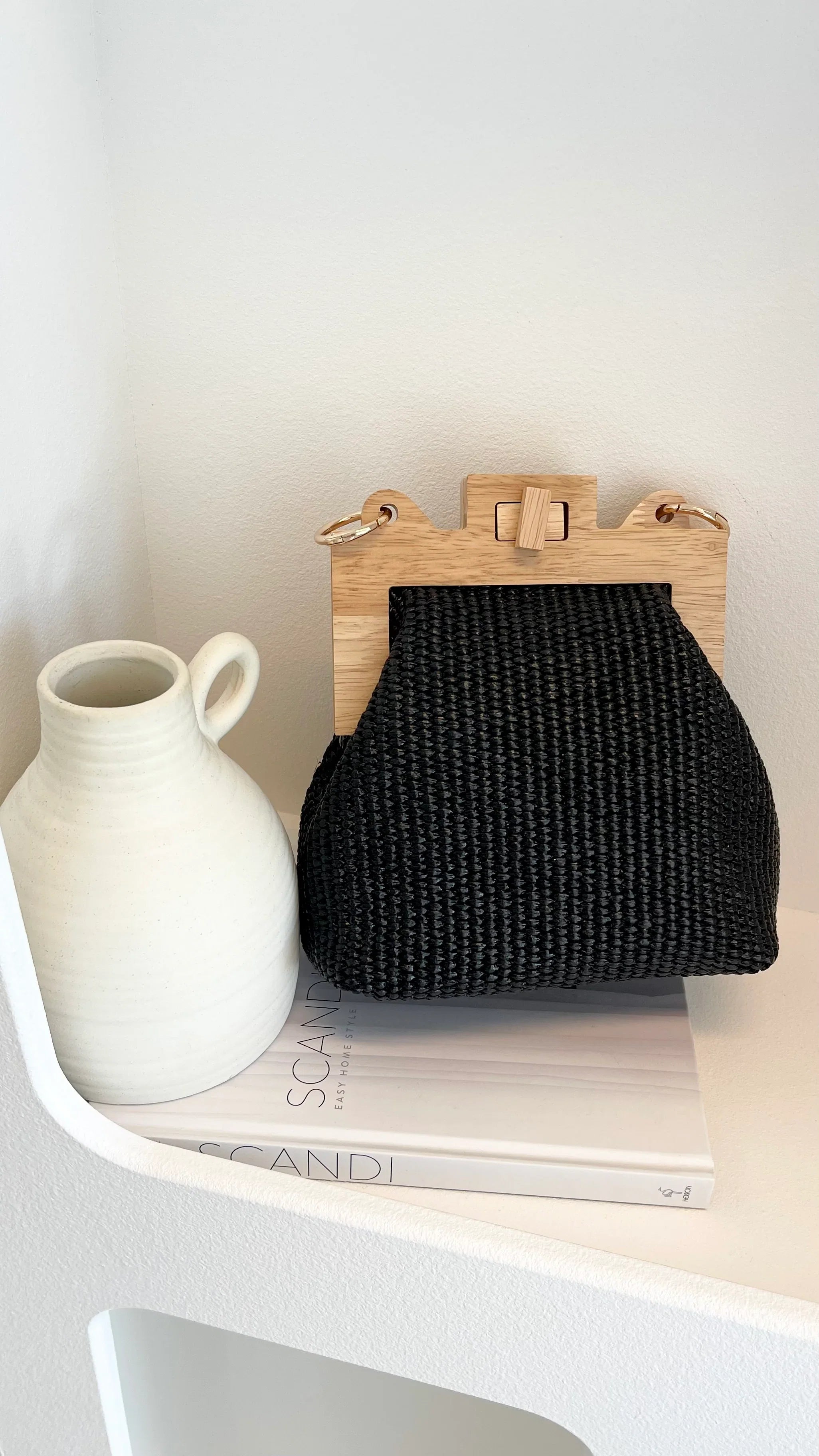 Abby Timber Frame Woven Mini Bag Black