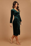 Lisse Twist Front Long Sleeve Velvet Midi Dress Emerald