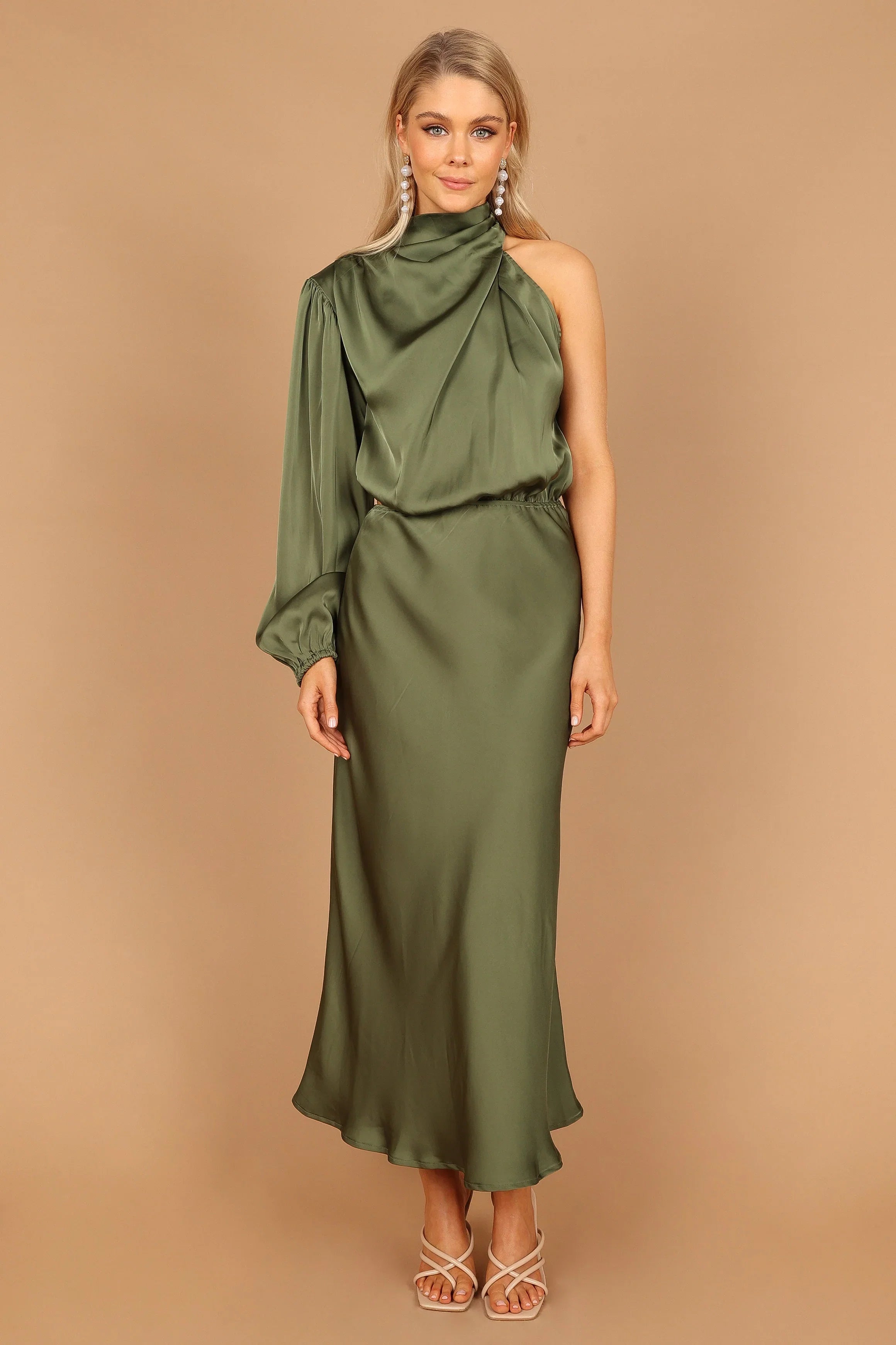 Amelie One Shoulder Midi Dress Olive