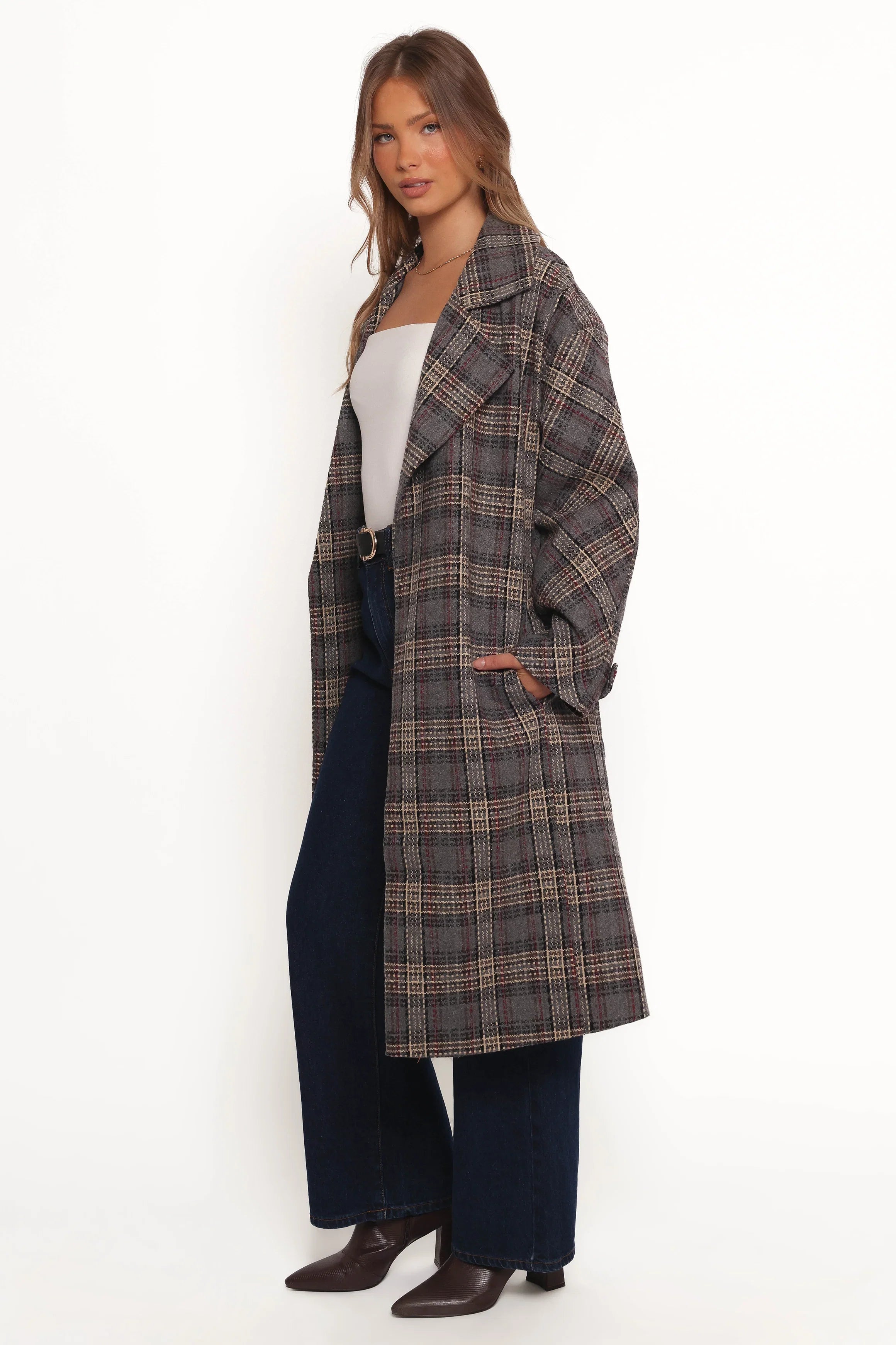 Torie Waist Tie Long Coat Grey Check