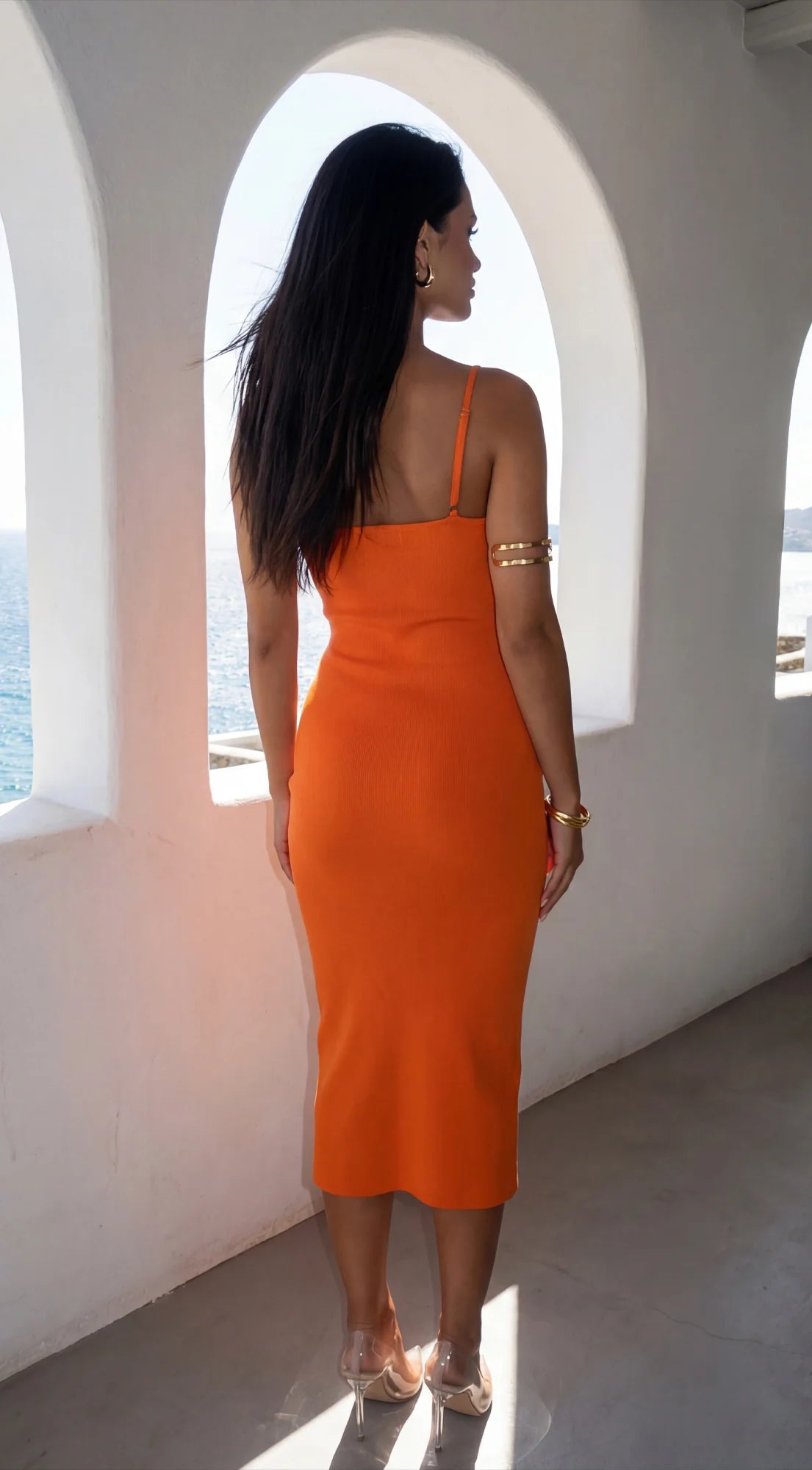 Sana Ribbed Side Slit Cami Midi Dress Orange