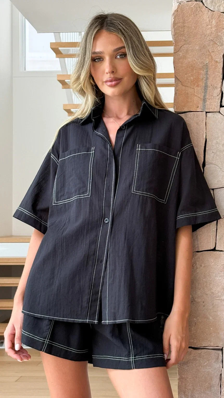 Sarafina Button Up Shirt and Shorts Set Black