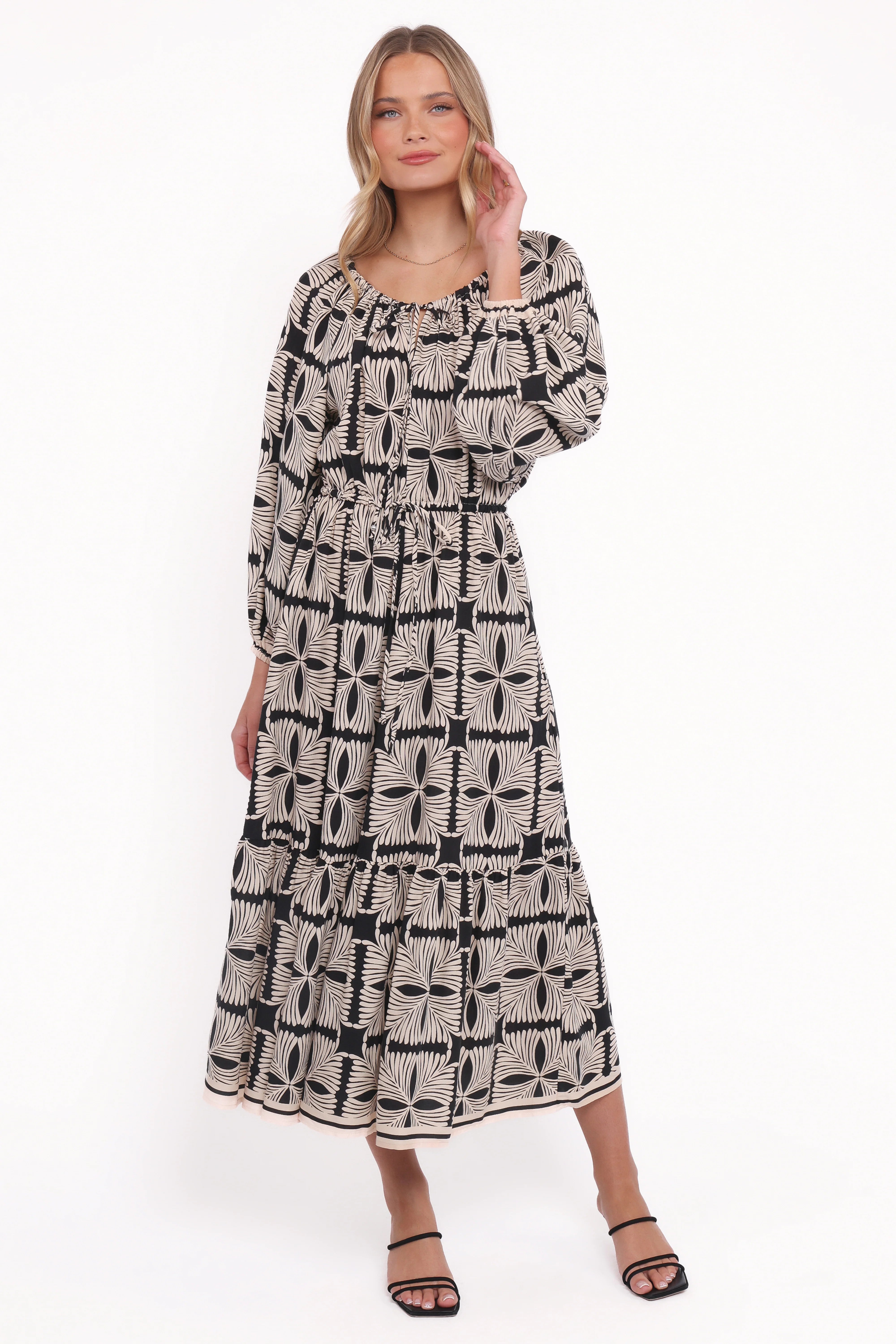 Faris Off Shoulder Midi Dress Black Geo