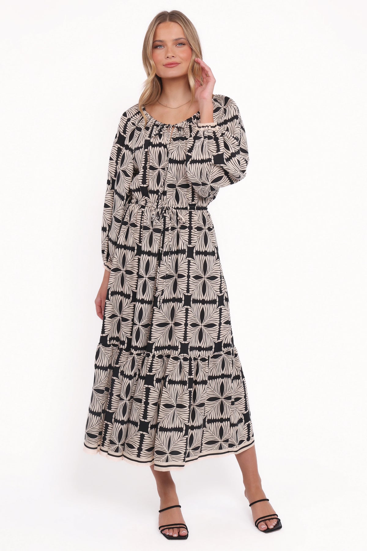 Faris Off Shoulder Midi Dress Black Geo