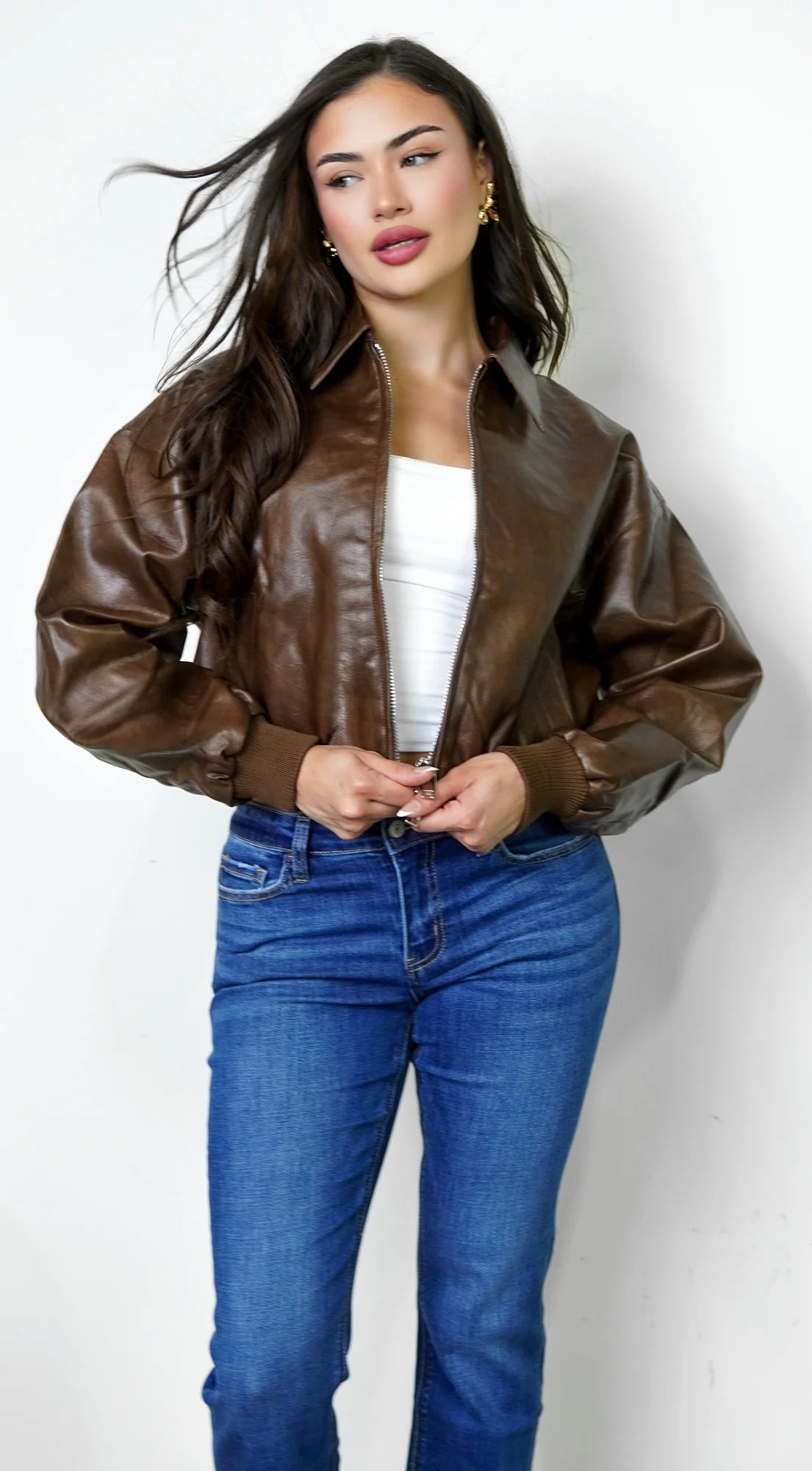 Nolair Bomber PU Leather Jacket Brown