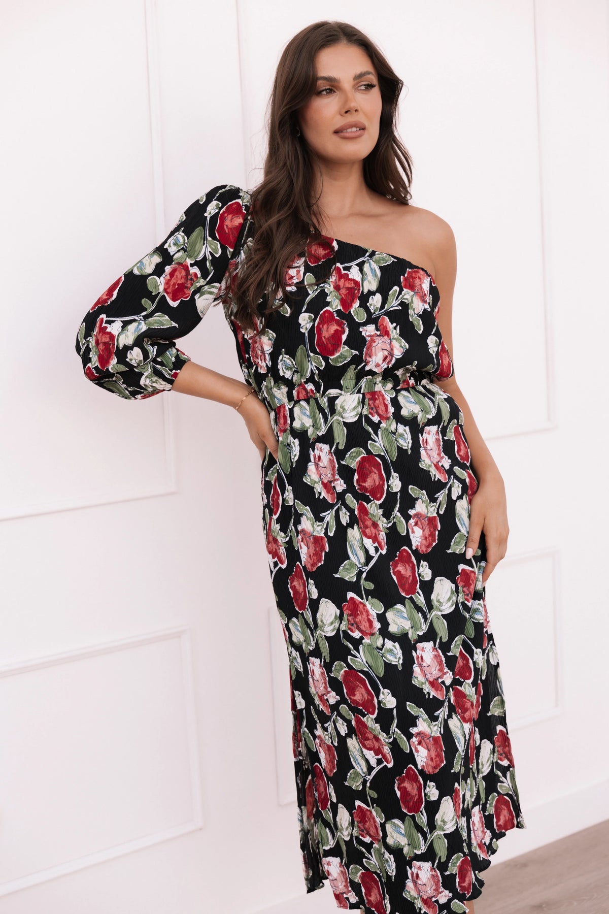 Pontee One Shoulder Pleated Midi Dress Black Rose Print
