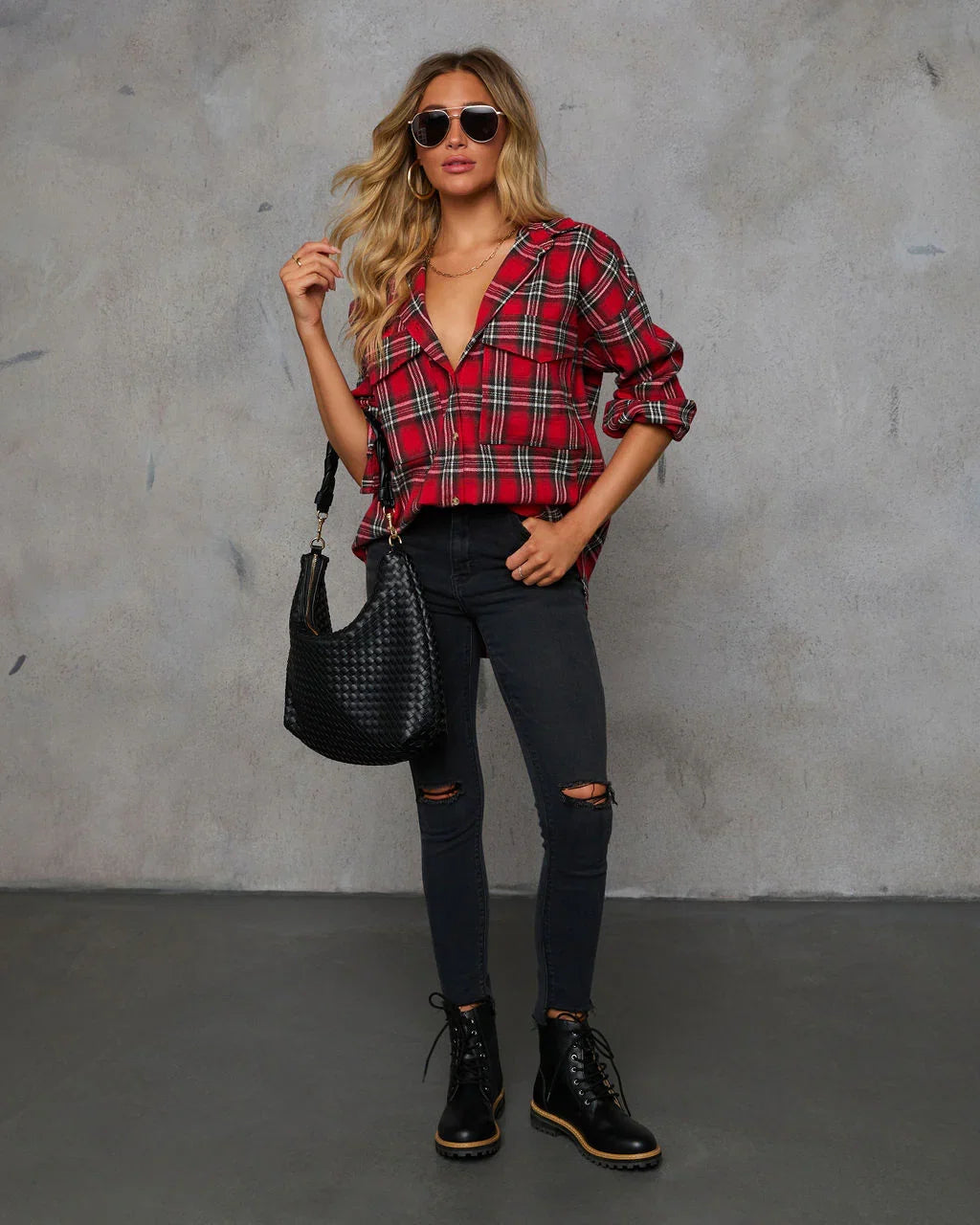 Petaluma Cotton Blend Plaid Button Down Top