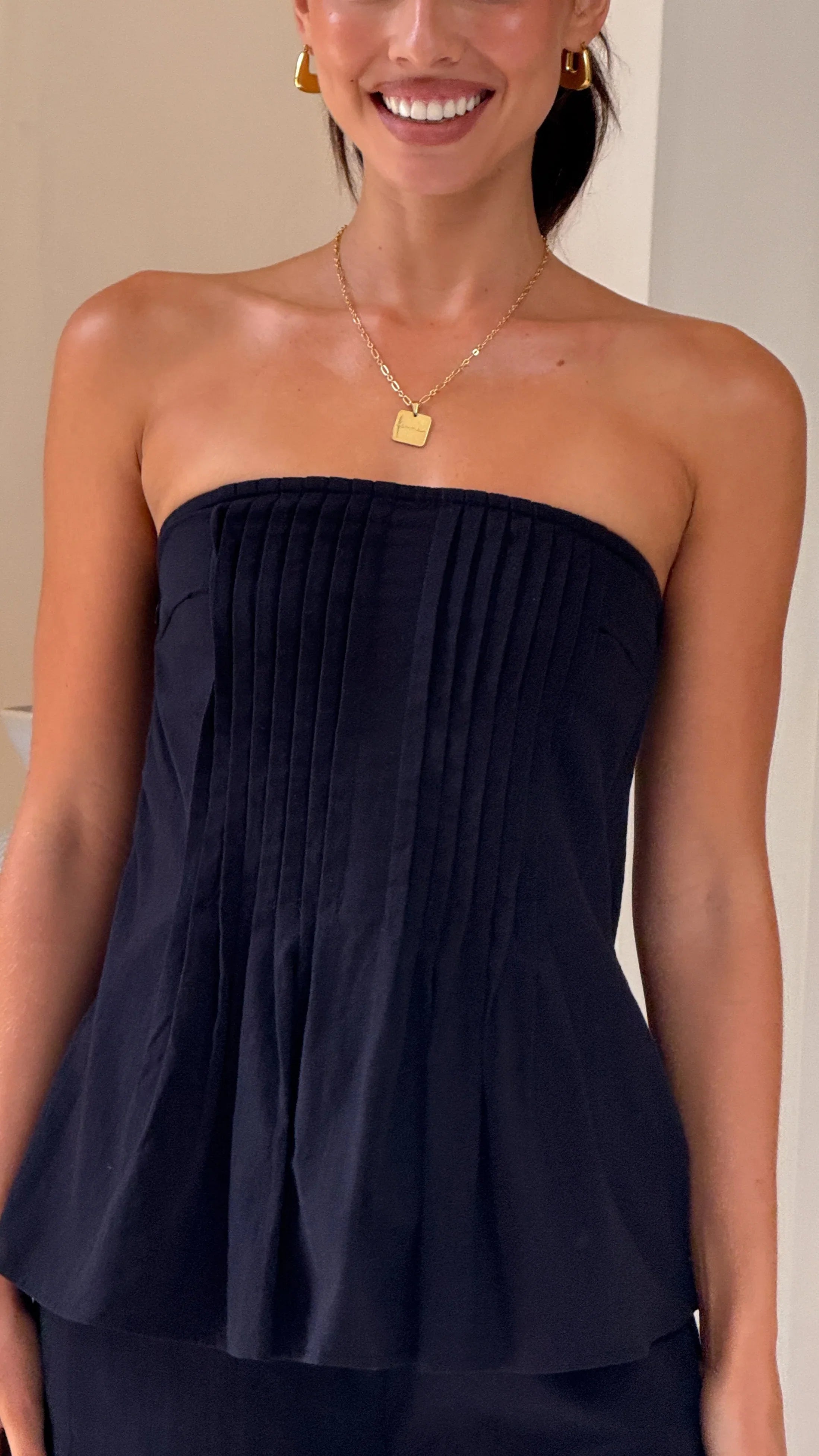 Sharni Strapless Pleat Top and Pants Set Black