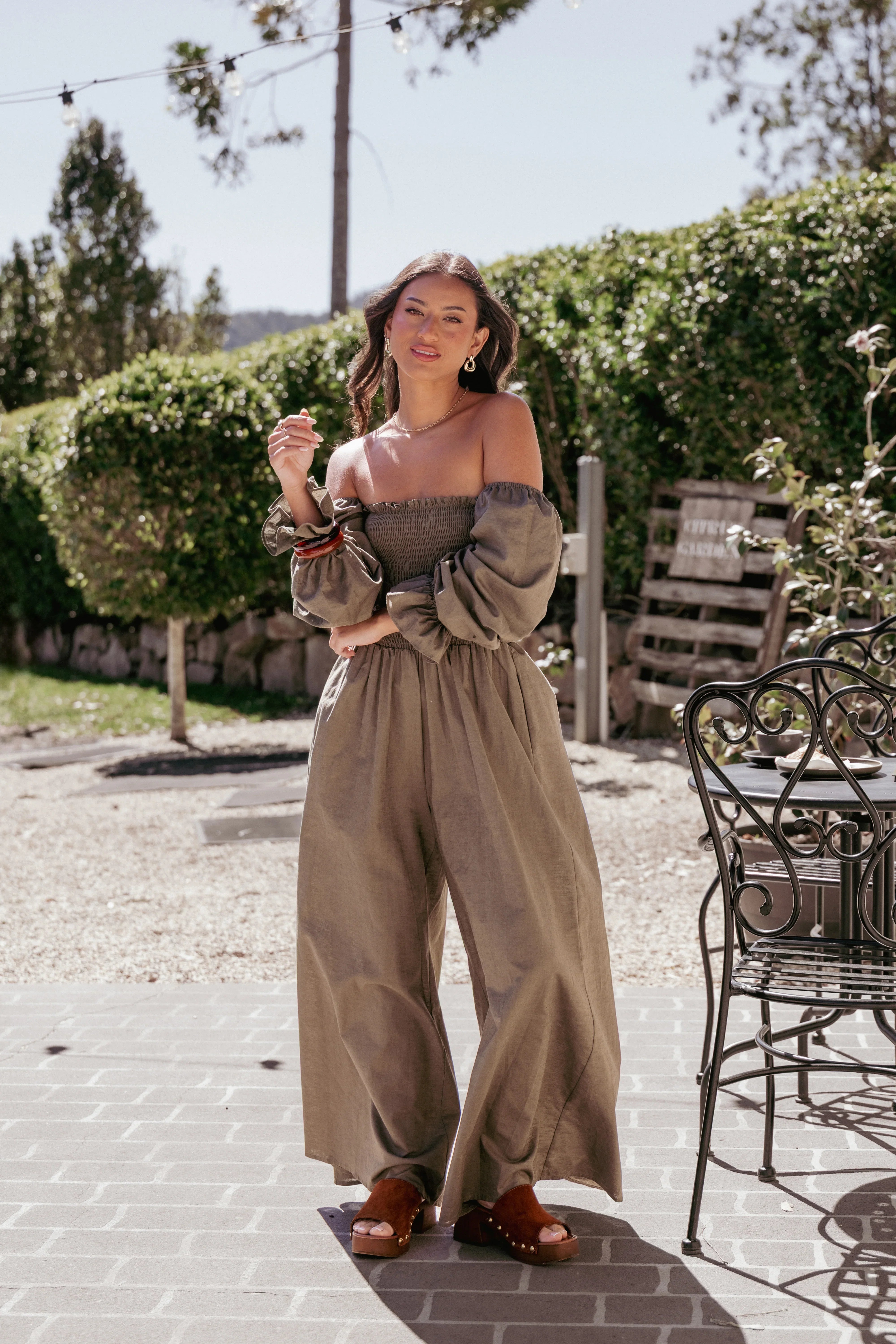 Domenica Shirred Long Sleeve Jumpsuit Olive