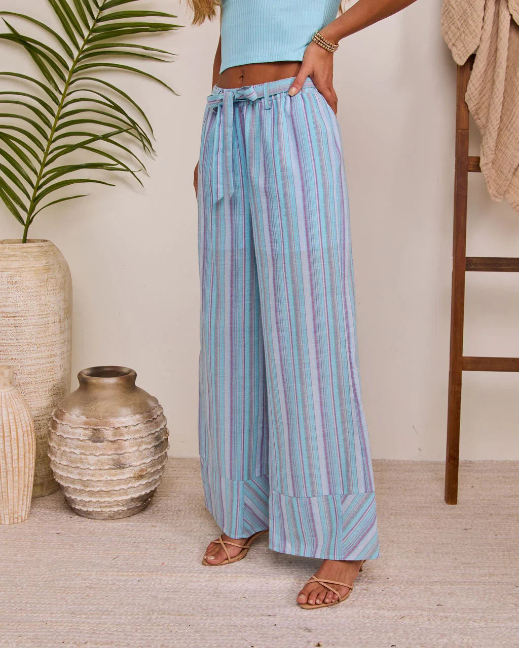 Breezy Muse Striped Wide Leg Waist Tie Pants