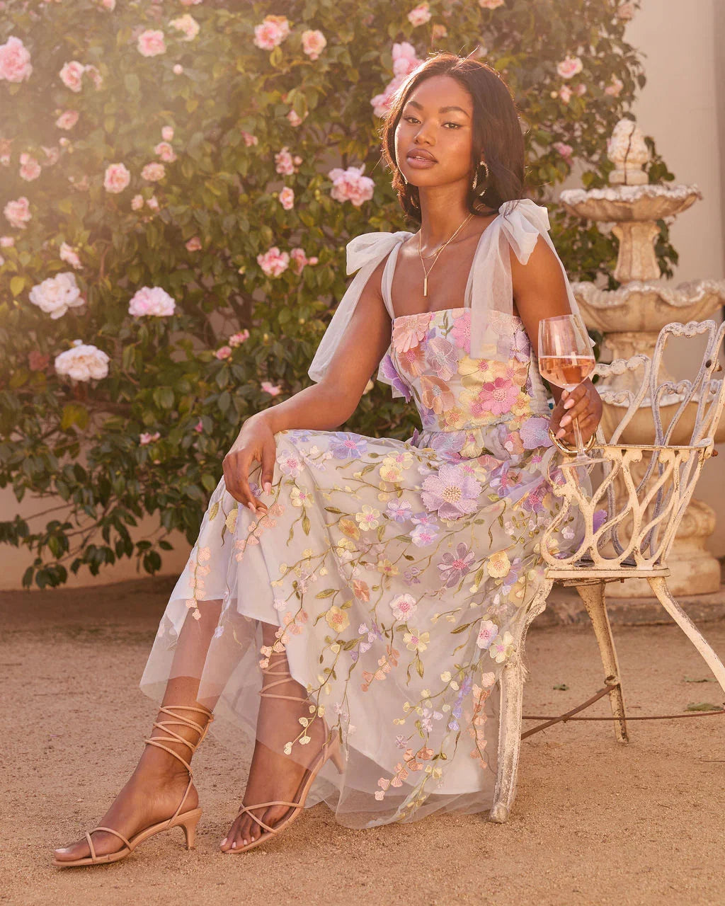 Falling Petals Floral Applique Midi Dress