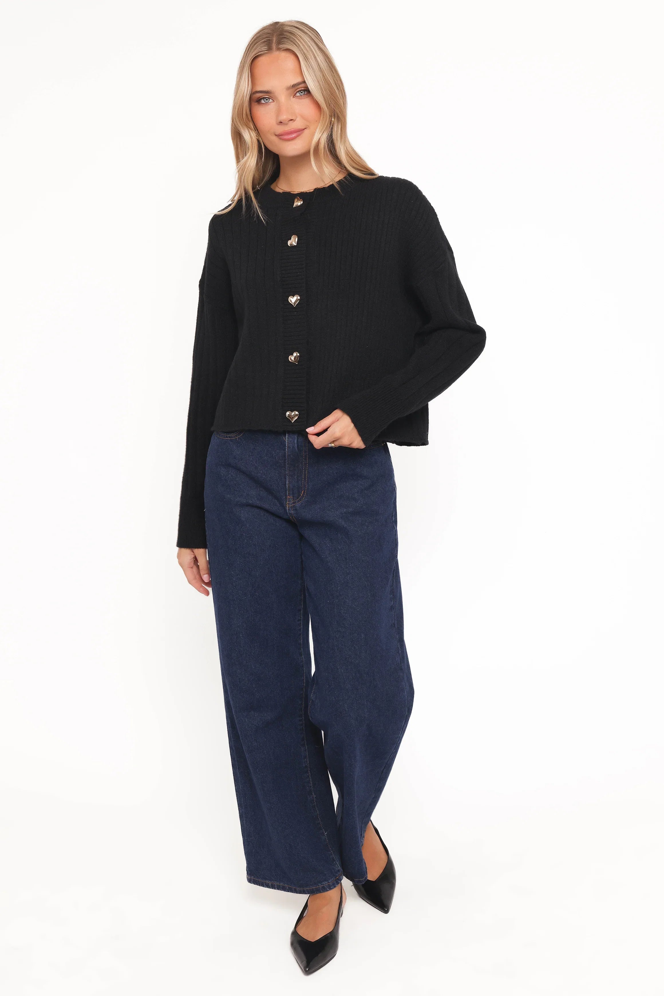 Loulani Heart Button Cardigan Black