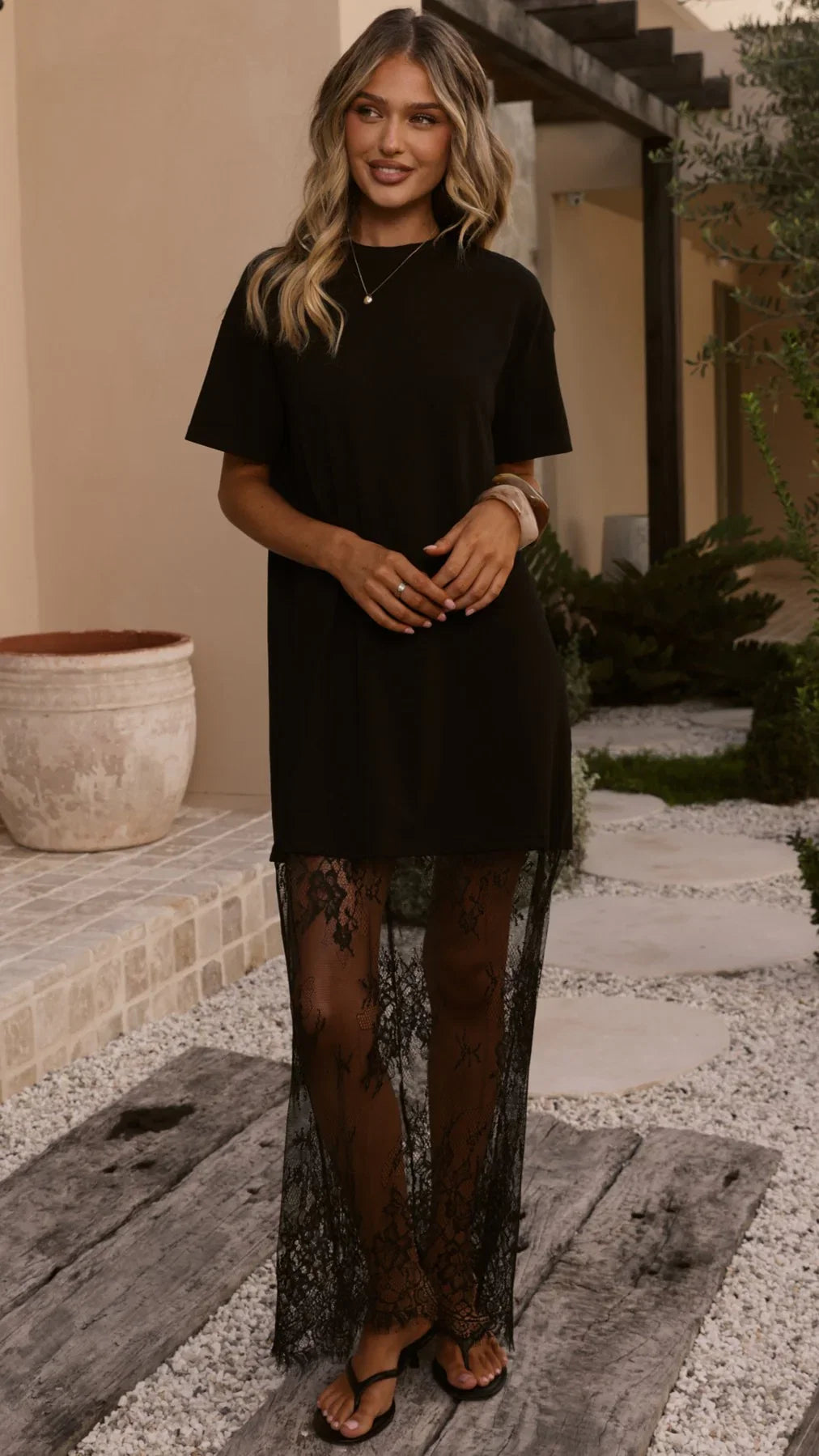Adora T Shirt Maxi Dress Black Lace