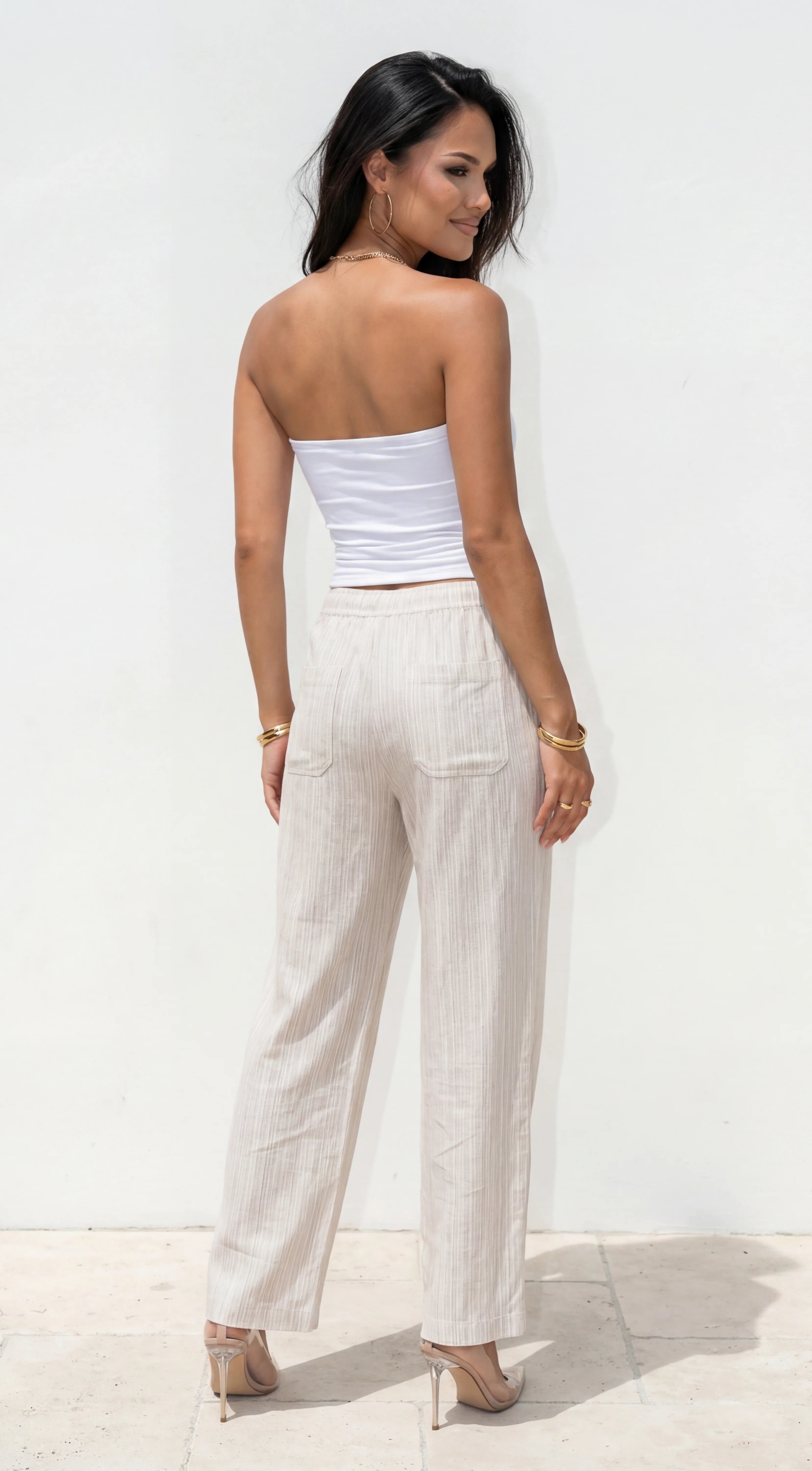 Marlow Striped Linen Wide Leg Pants Beige