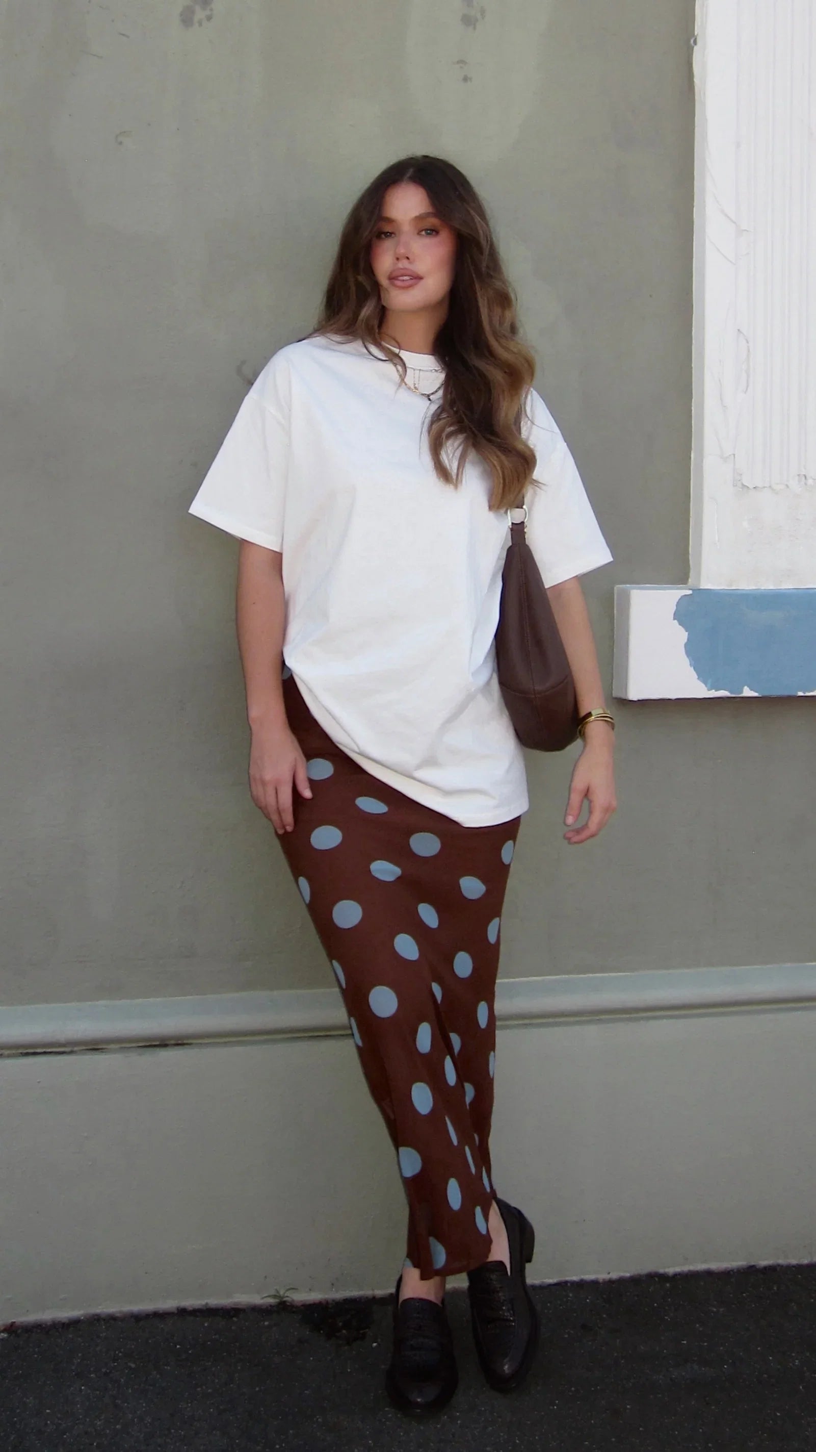Yumi Oversized Tee and Sheer Skirt Set White Brown Blue Polka