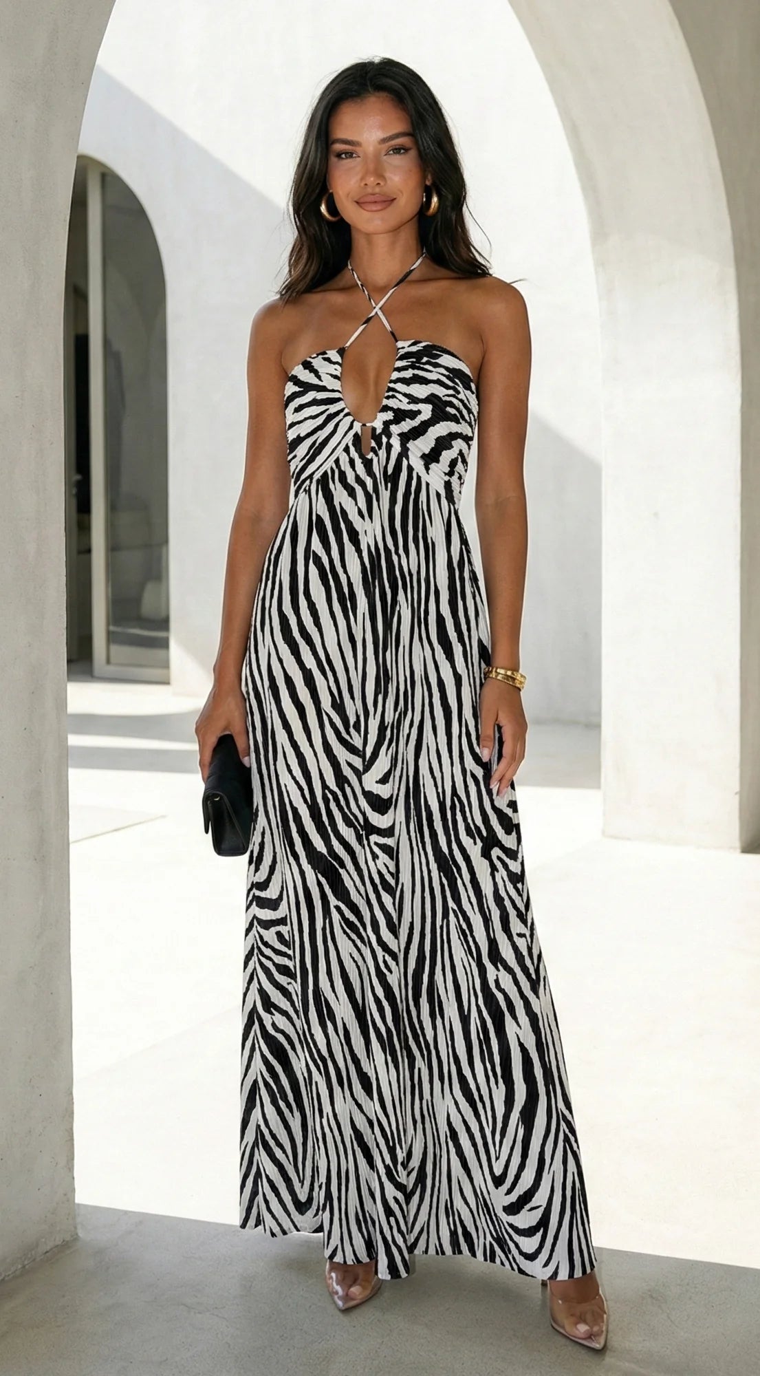 Noemiya Zebra Pleated Halter Maxi Dress White