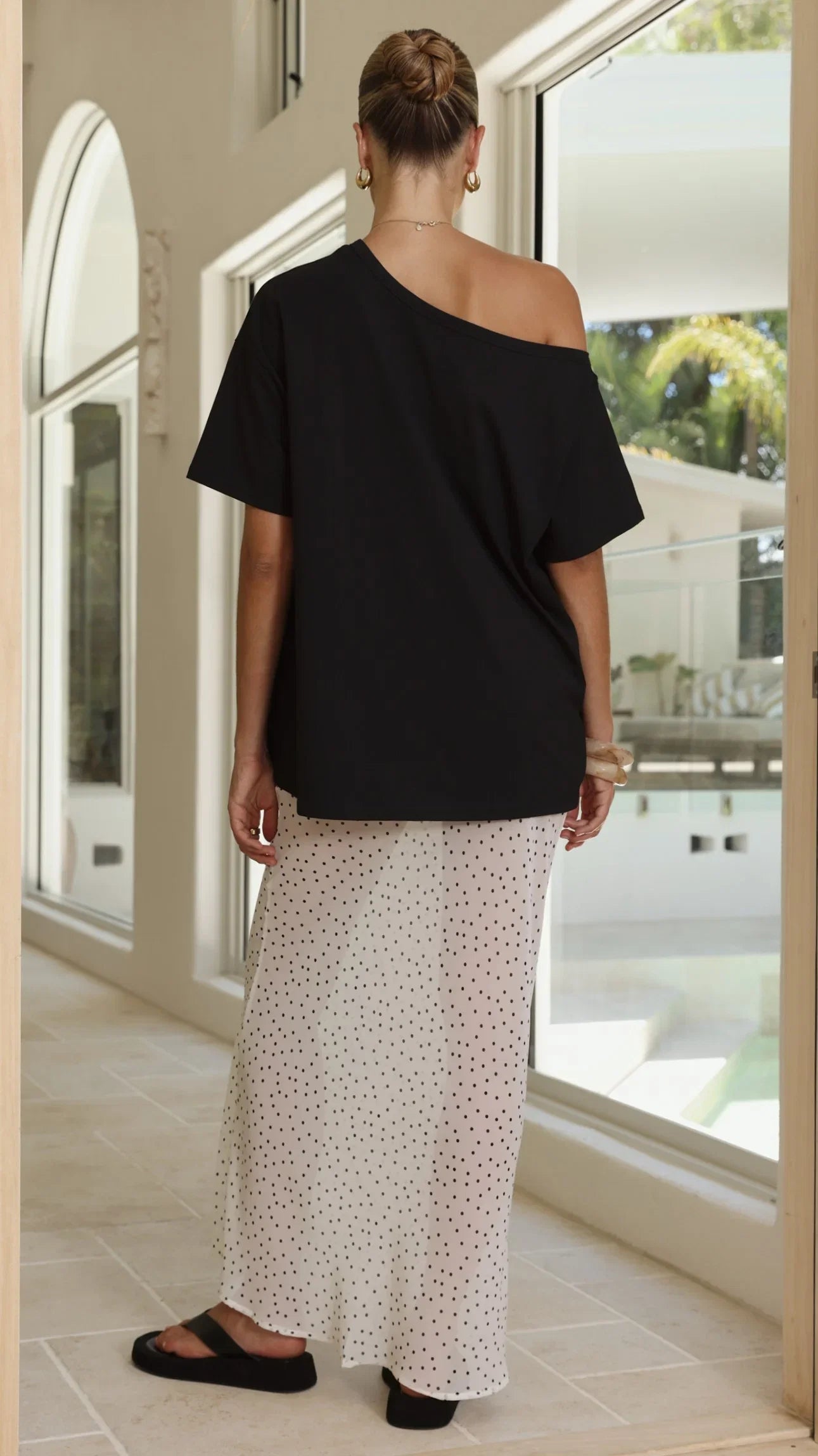 Elena Top and Maxi Skirt Set Black White Polka