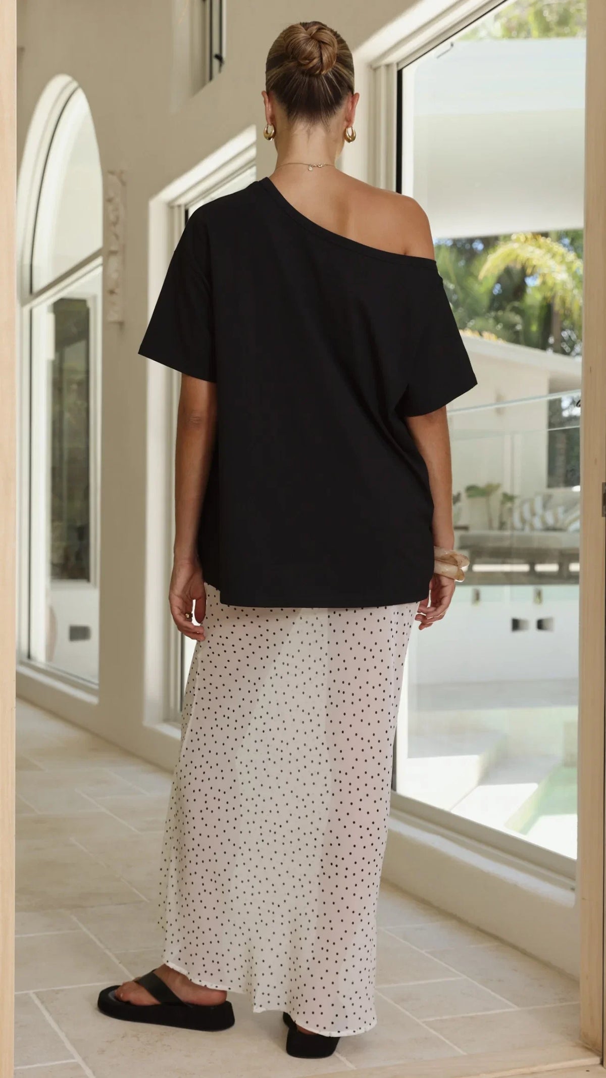 Elena Top and Maxi Skirt Set Black White Polka