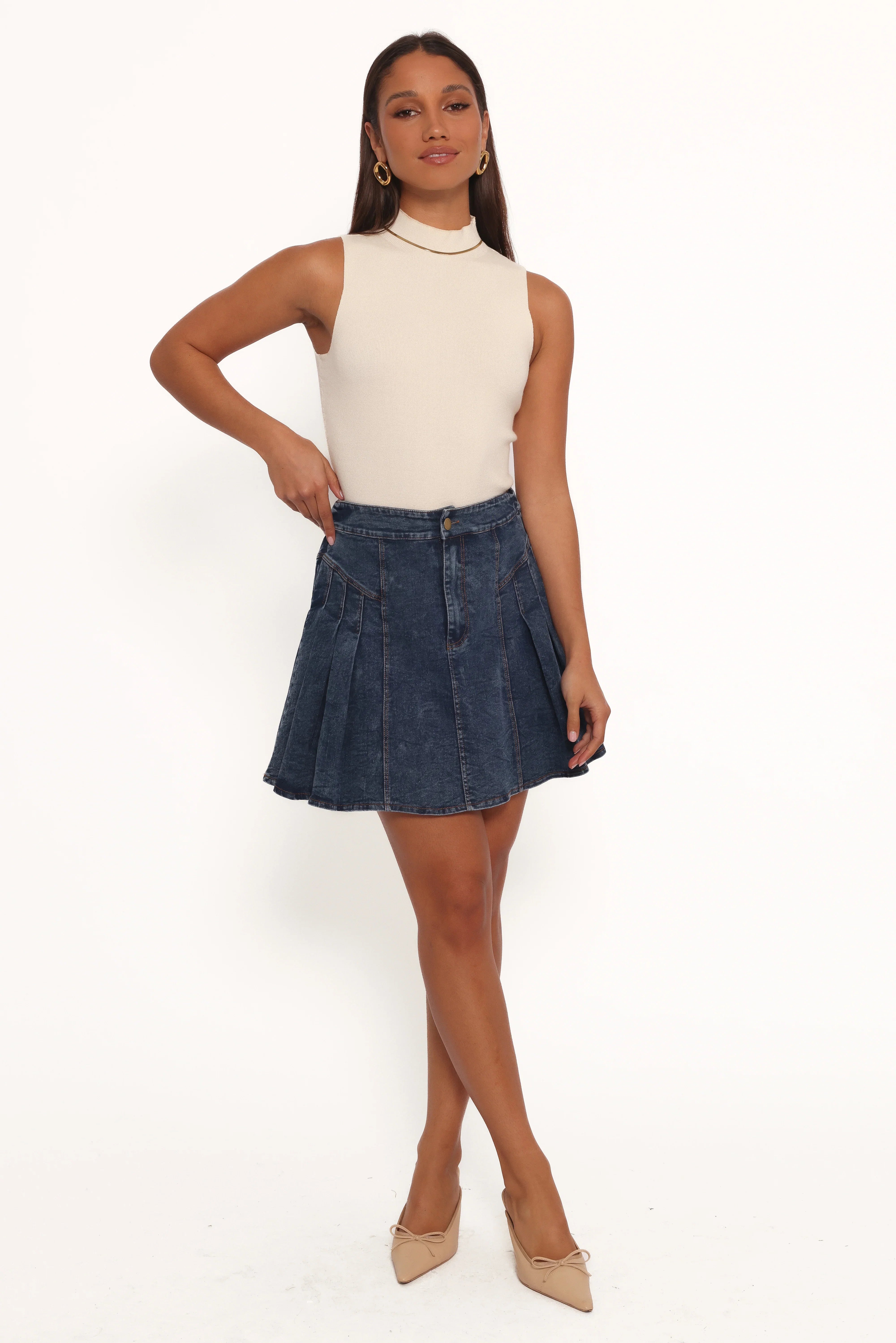 Alek Pleated Mini Skirt Mid Wash Denim