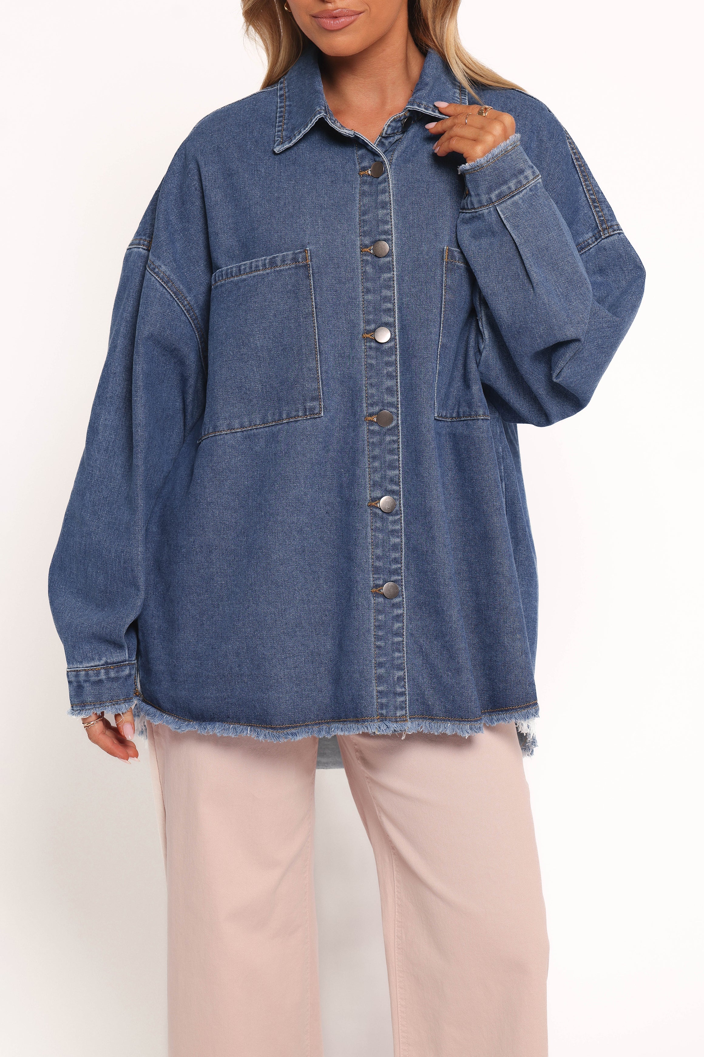 Twiggy Frayed Edge Denim Shacket Denim
