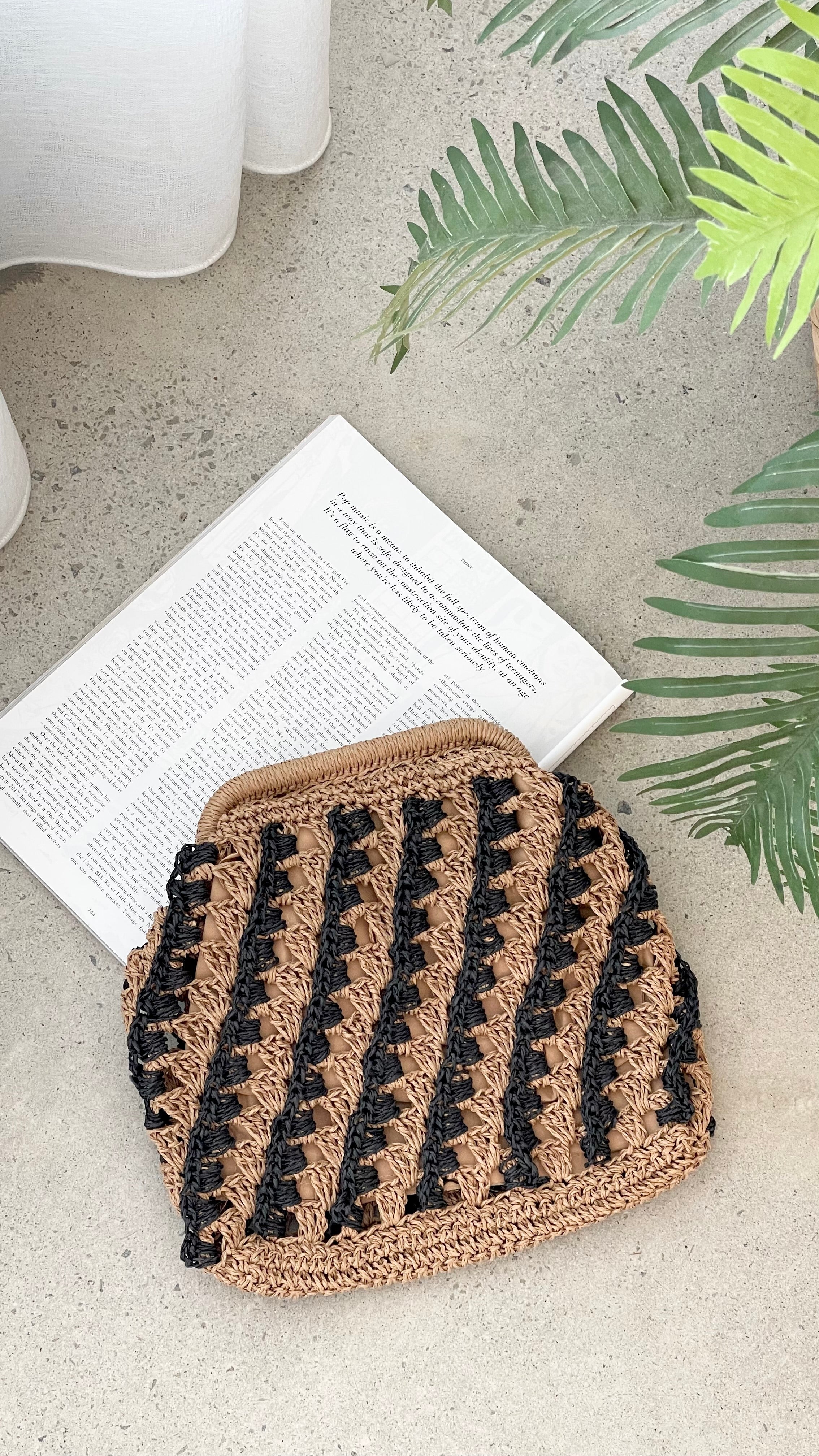 Eadie Crochet Weave Framed Clutch Black Natural