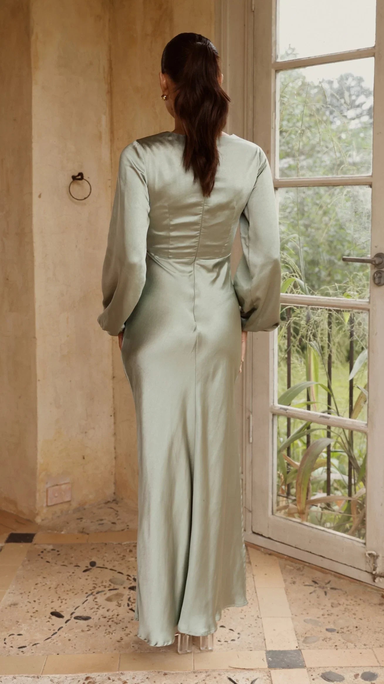 Ivy Long Sleeve Tie Front Maxi Dress Sage
