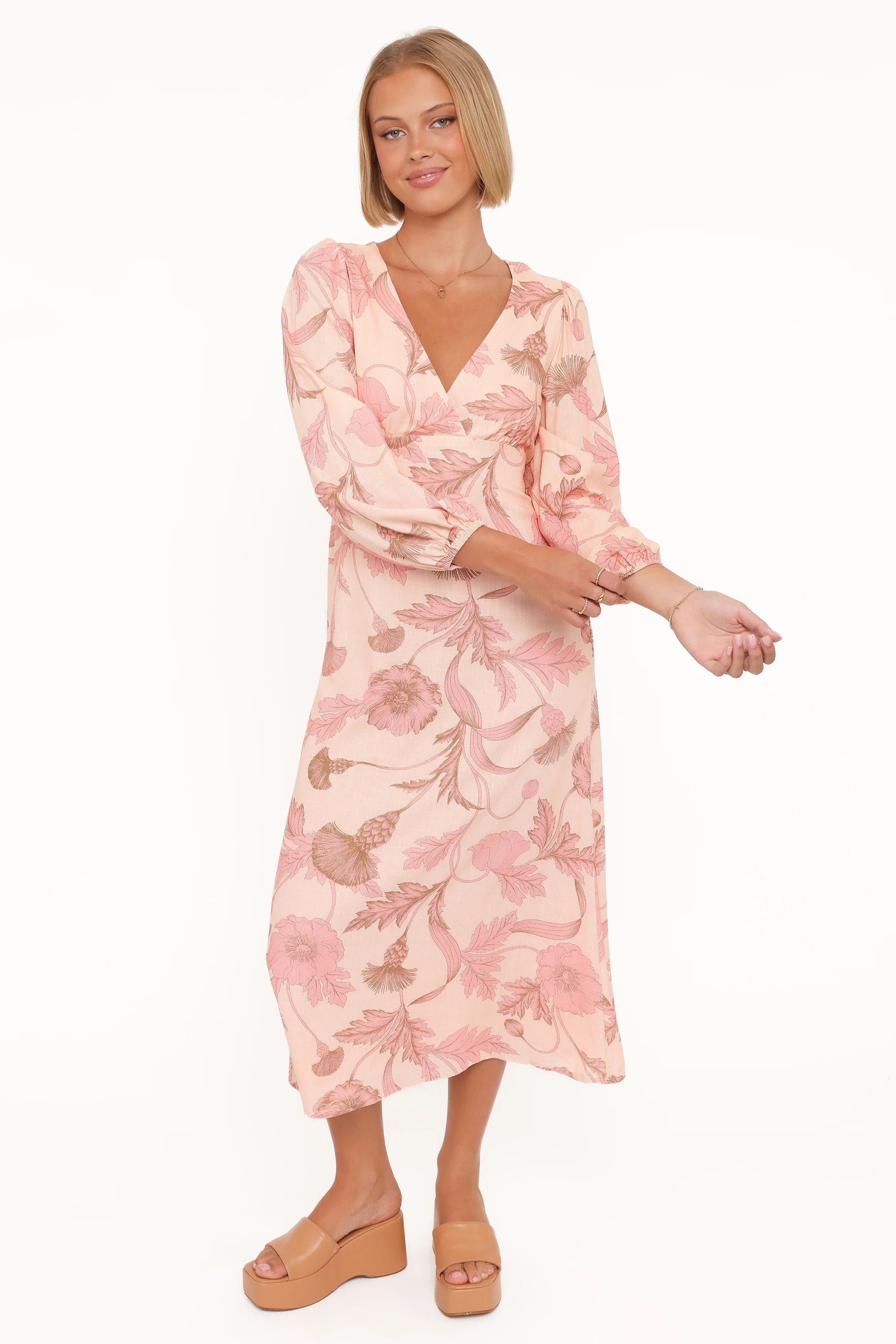 Kolby Long Sleeve Midi Dress Pink Floral