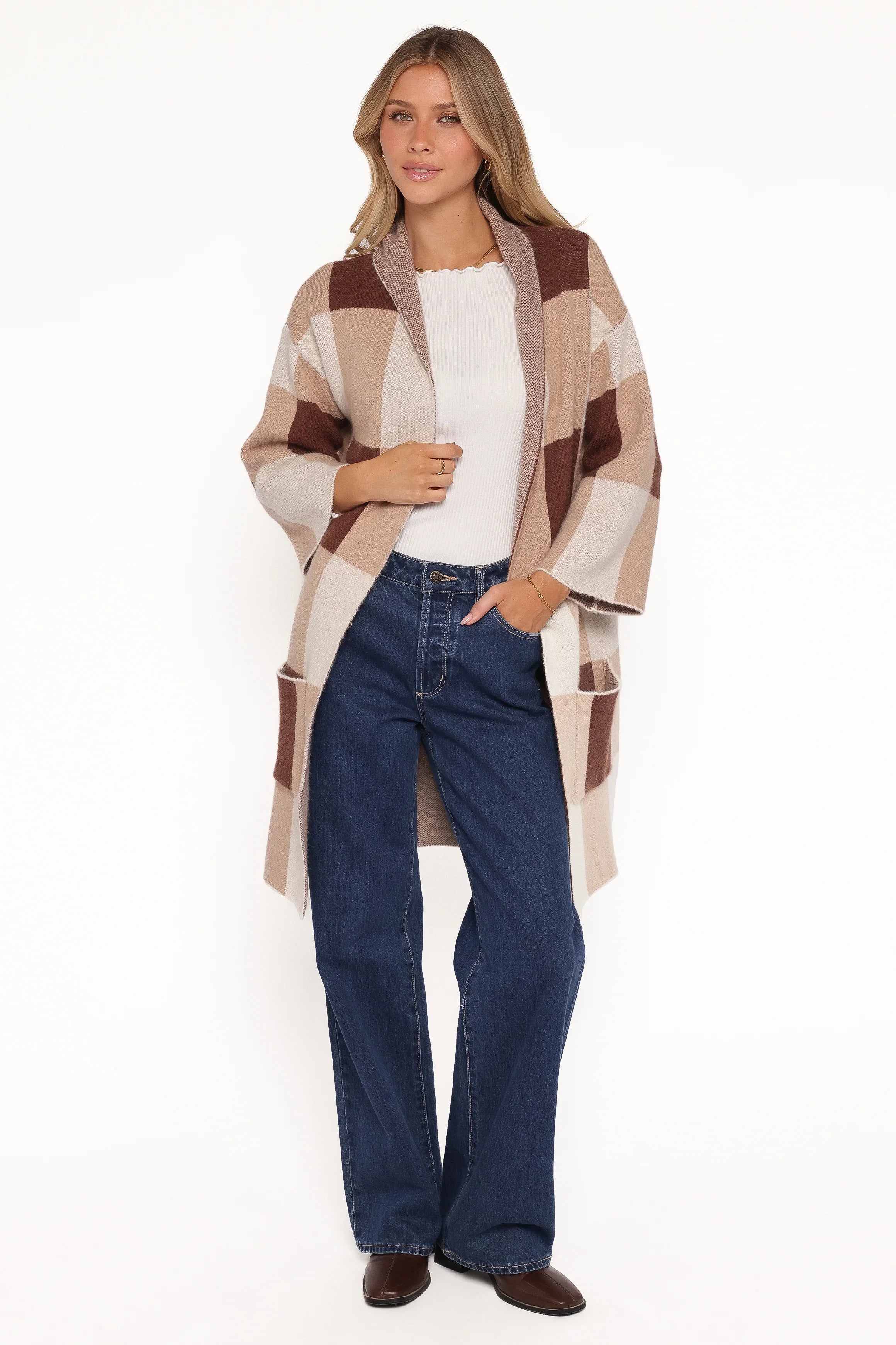 Ecoya Long Cardigan Brown Plaid