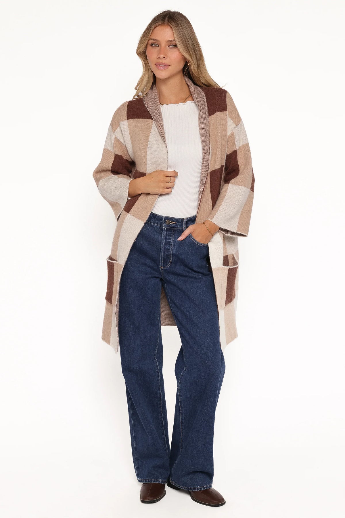 Ecoya Long Cardigan Brown Plaid