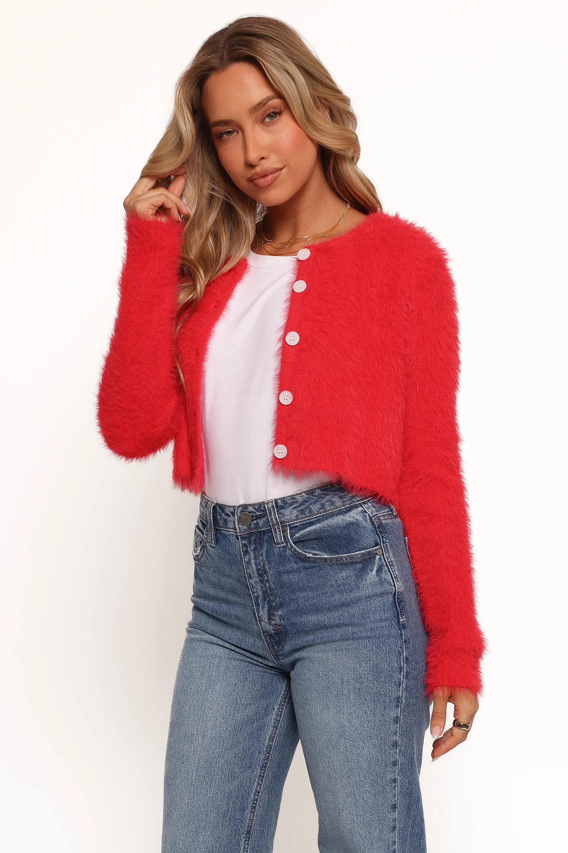 Tavan Crop Button Front Cardigan Red