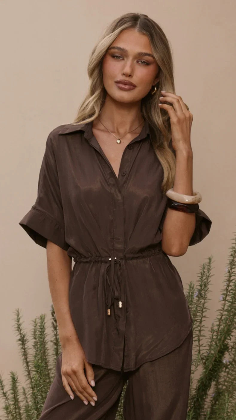 Velice Tie Top and Pants Set Brown