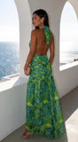 Capri Halter Tropical Print Maxi Dress Lime Green