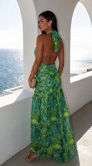 Capri Halter Tropical Print Maxi Dress Lime Green