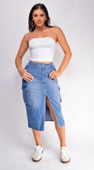 Sydney Denim Cargo Midi Skirt Blue