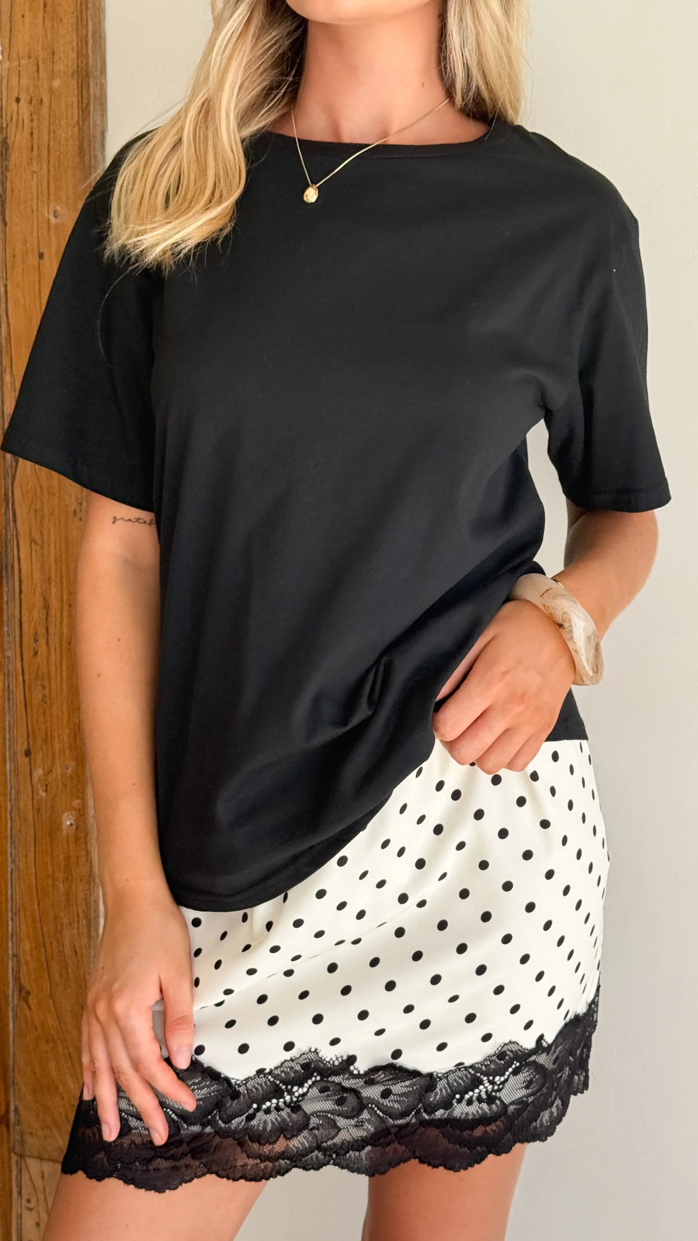 Kiki Lace Mini Skirt Cream Black Polka